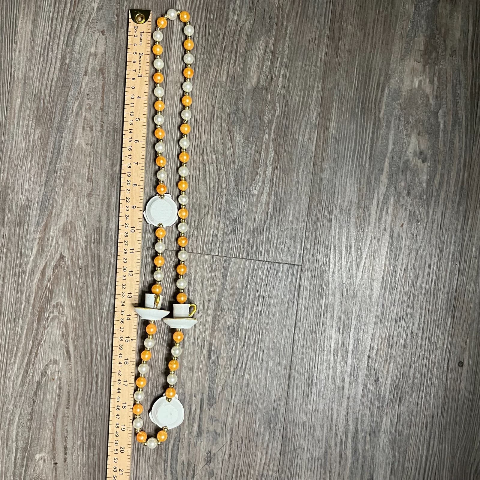 Vtg Teacup & Cookie Charm Necklace Whimsical Tea Party Kitsch Faux Pearl Long - Thumbnail 7