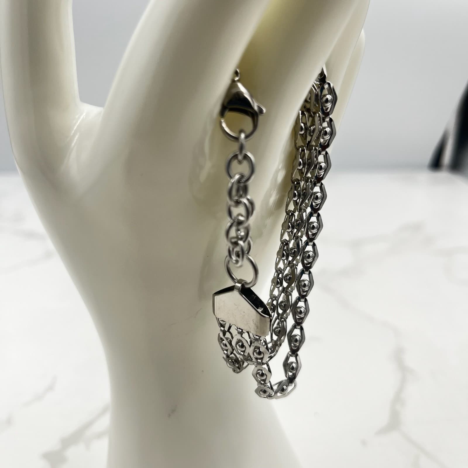 Vintage Silver Tone Multi-Layer Hexagonal Chain Bracelet w/ Lobster Clasp - Thumbnail 2