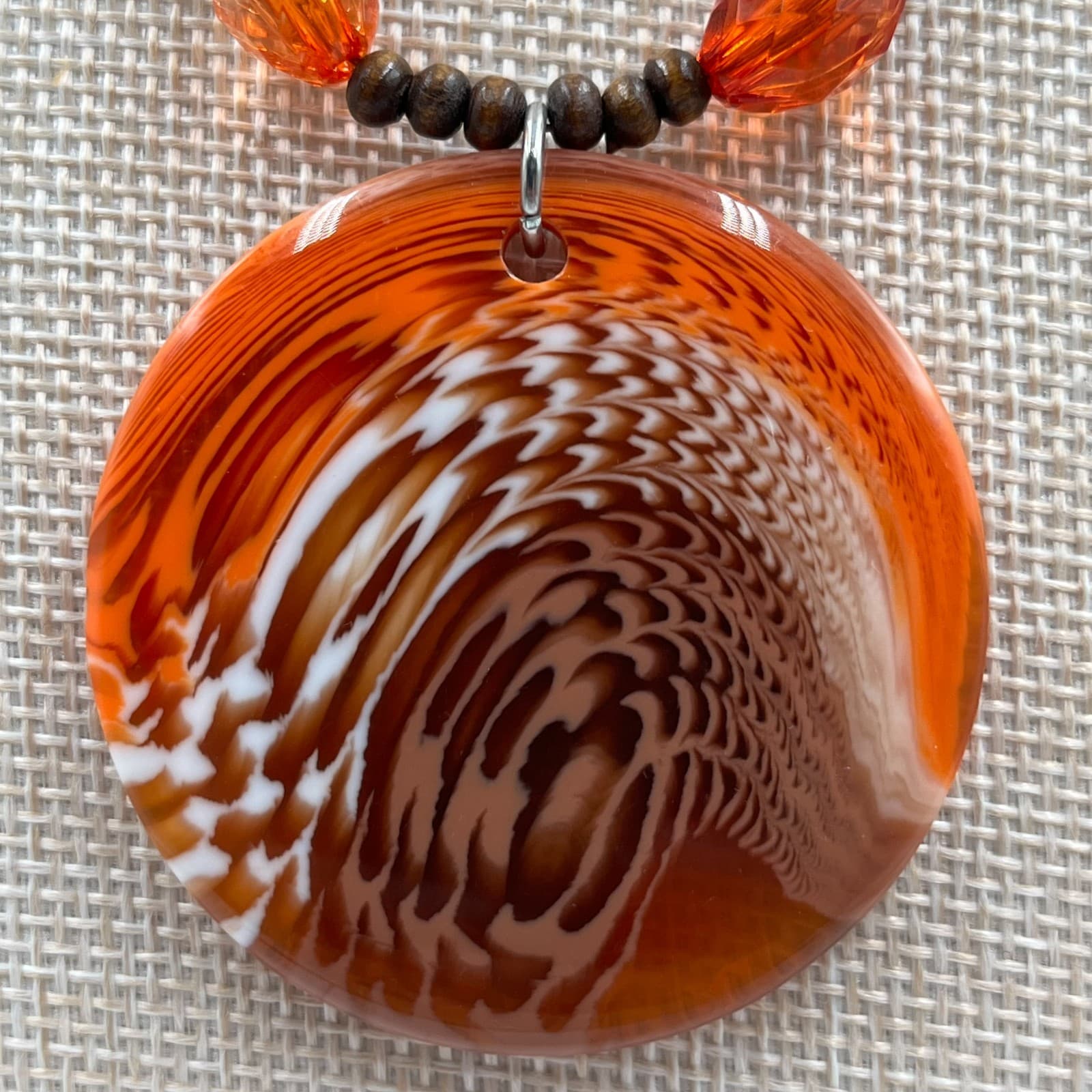 Vintage Boho Orange Swirl Art Glass Pendant Necklace Chunky Wood Amber Bead 24" - Thumbnail 4