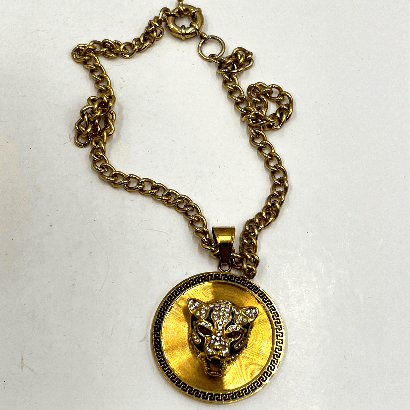 Vintage Panther Head Medallion Necklace Gold Tone Greek Key Curb Chain Statement - Image 1