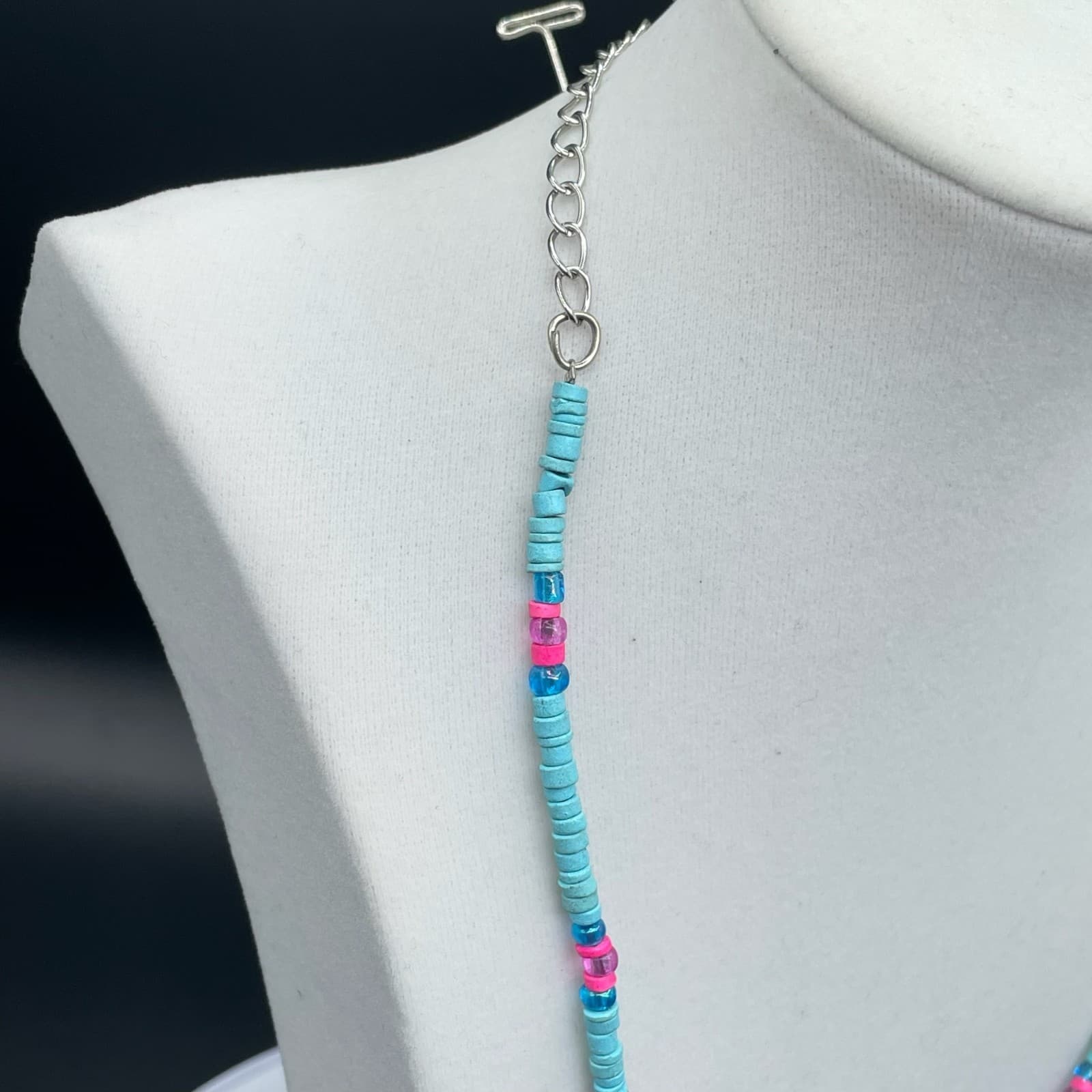 Vintage Retro Oval Link Lobster Teal Pink Charm African Vinyl Disc Beaded - Thumbnail 3