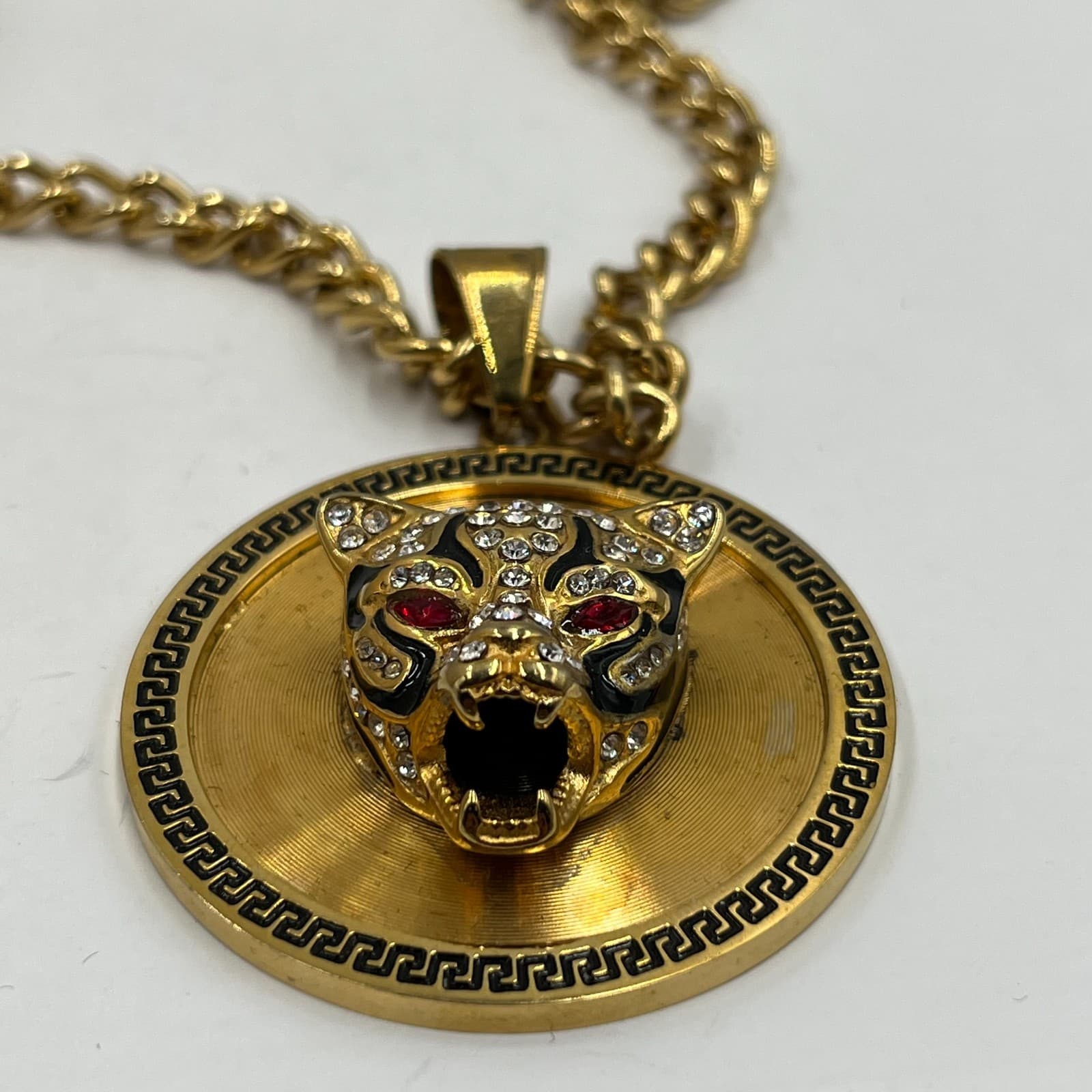 Vintage Panther Head Medallion Necklace Gold Tone Greek Key Curb Chain Statement - Thumbnail 10