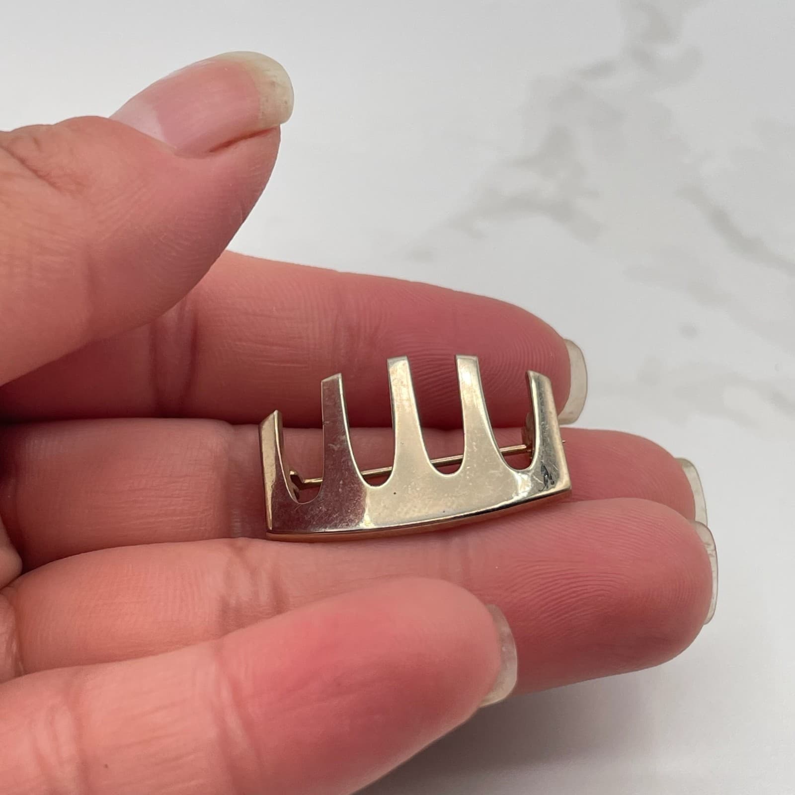 Vintage Gold Tone Brooch Pin Modernist Abstract Geometric Bar Crown Style Estate - Thumbnail 11