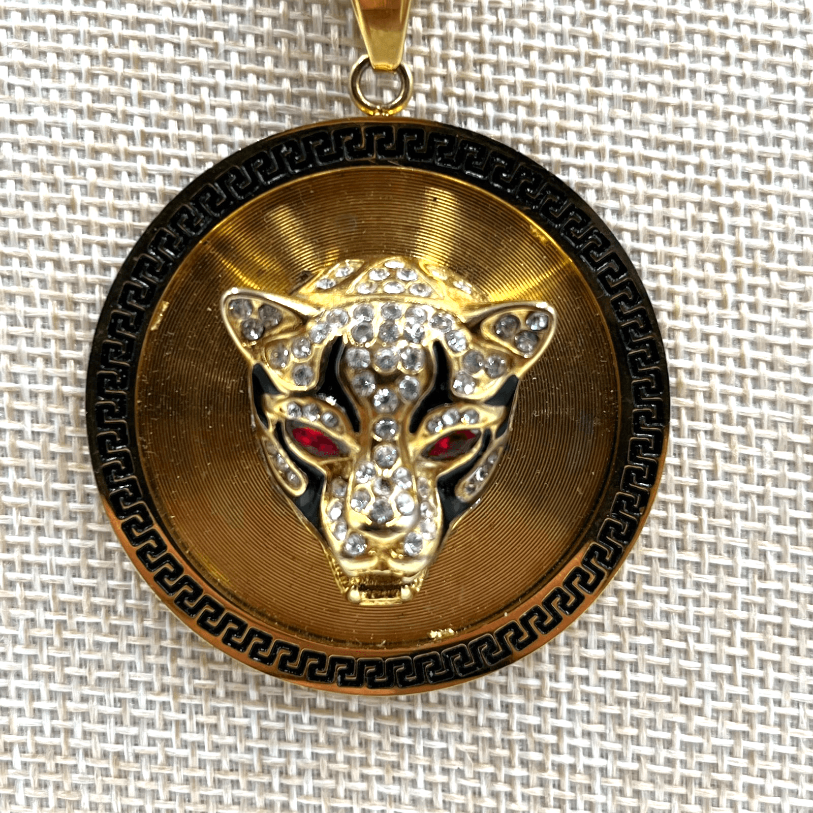 Vintage Panther Head Medallion Necklace Gold Tone Greek Key Curb Chain Statement - Thumbnail 2