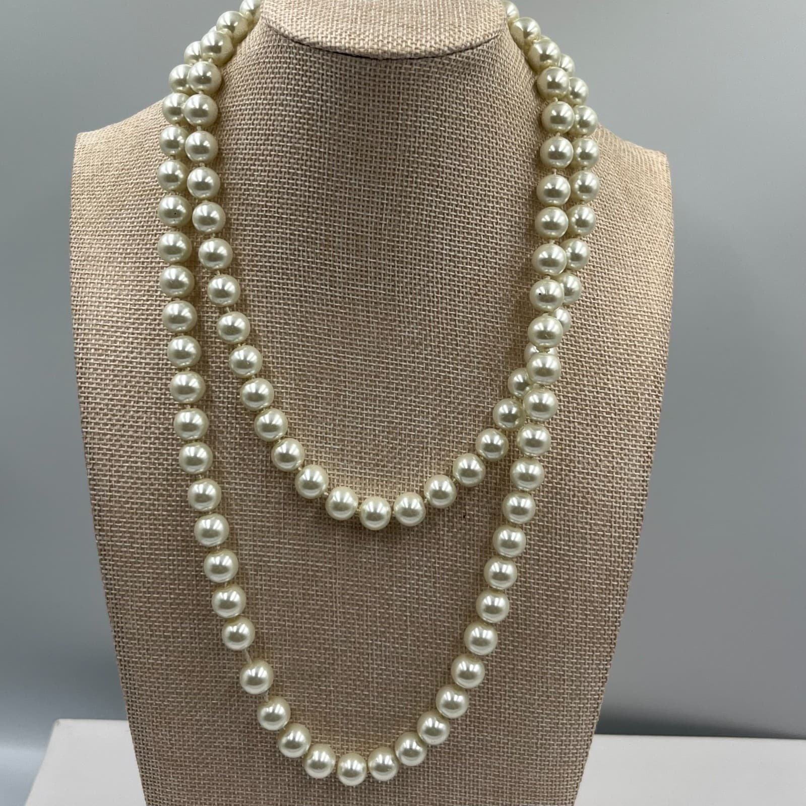 Vintage Double Strand Pearl Necklace Faux Glass White Cream Knotted Art Deco 16” - Image 1