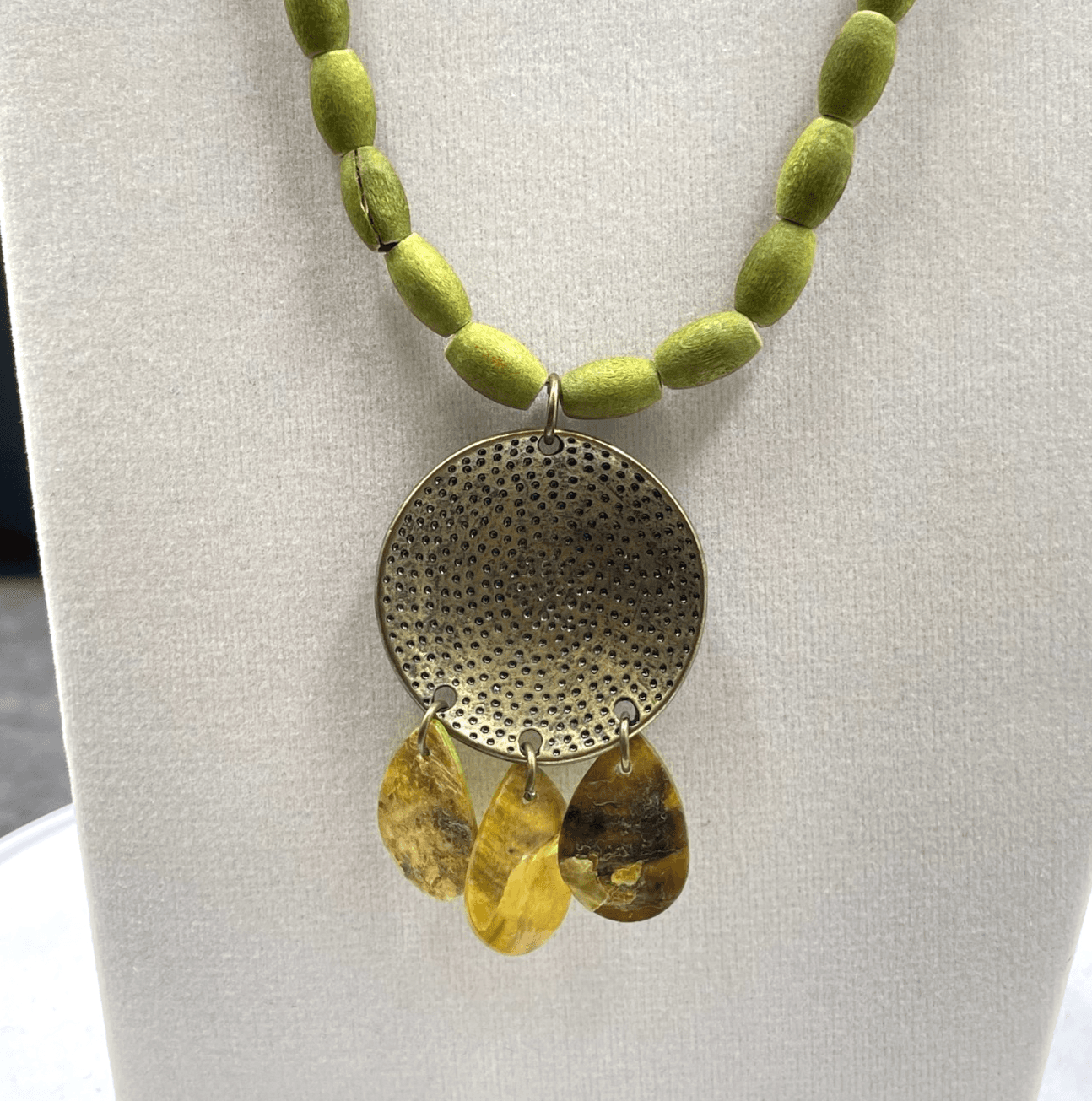 Vintage African Olive Dyed Wooden Beads Bohemian-Chic Charm Pendant Necklace - Image 1