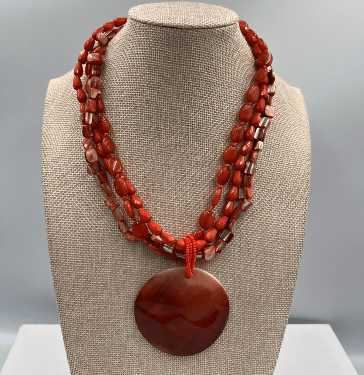 Vtg Oversized Orange Shell Disc Pendant Necklace, 3-Strand Stone & MOP Beaded - Image 1