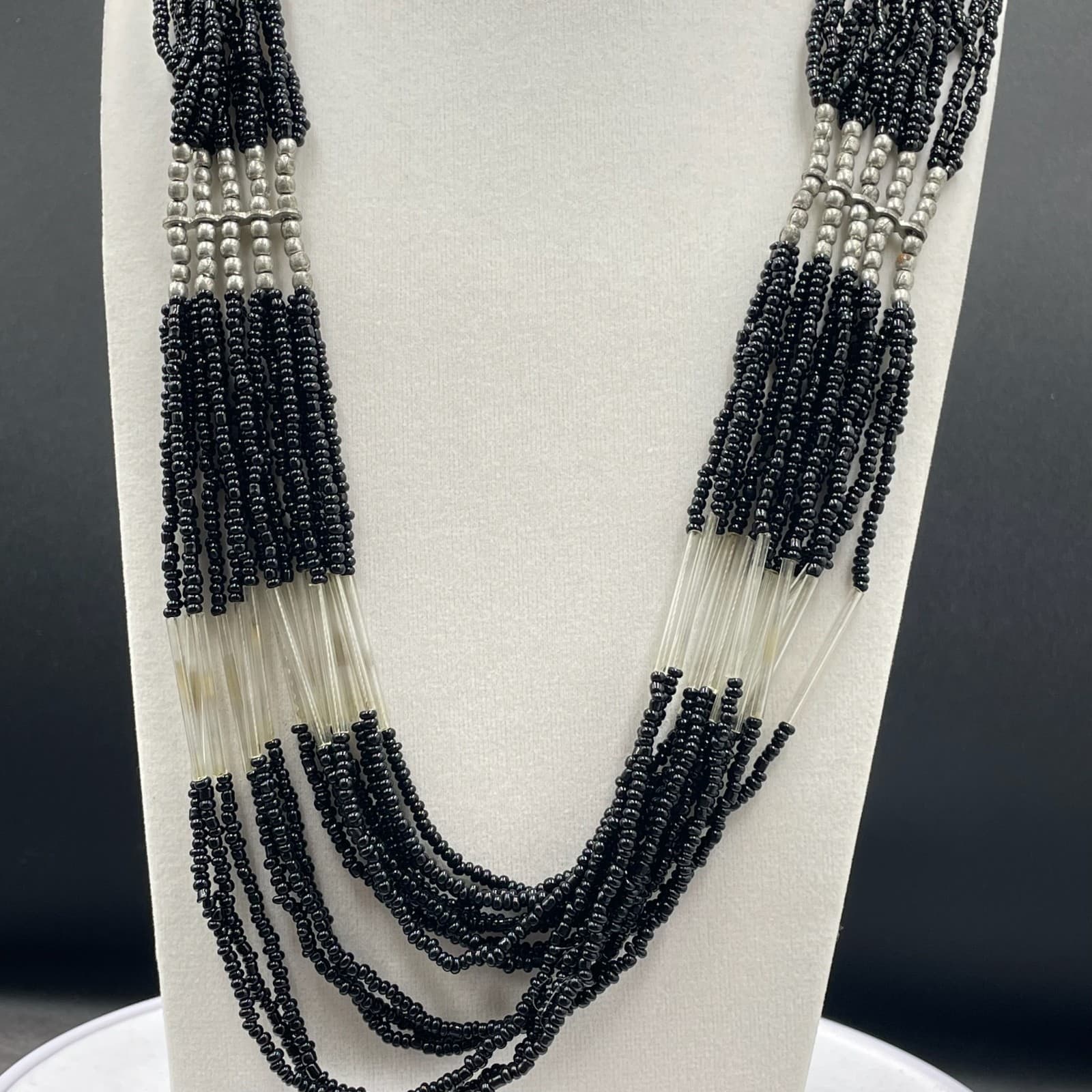 Vintage Multistrand Black Silver-Tone Retro Lobster Beaded Necklace - Size 18" - Thumbnail 3