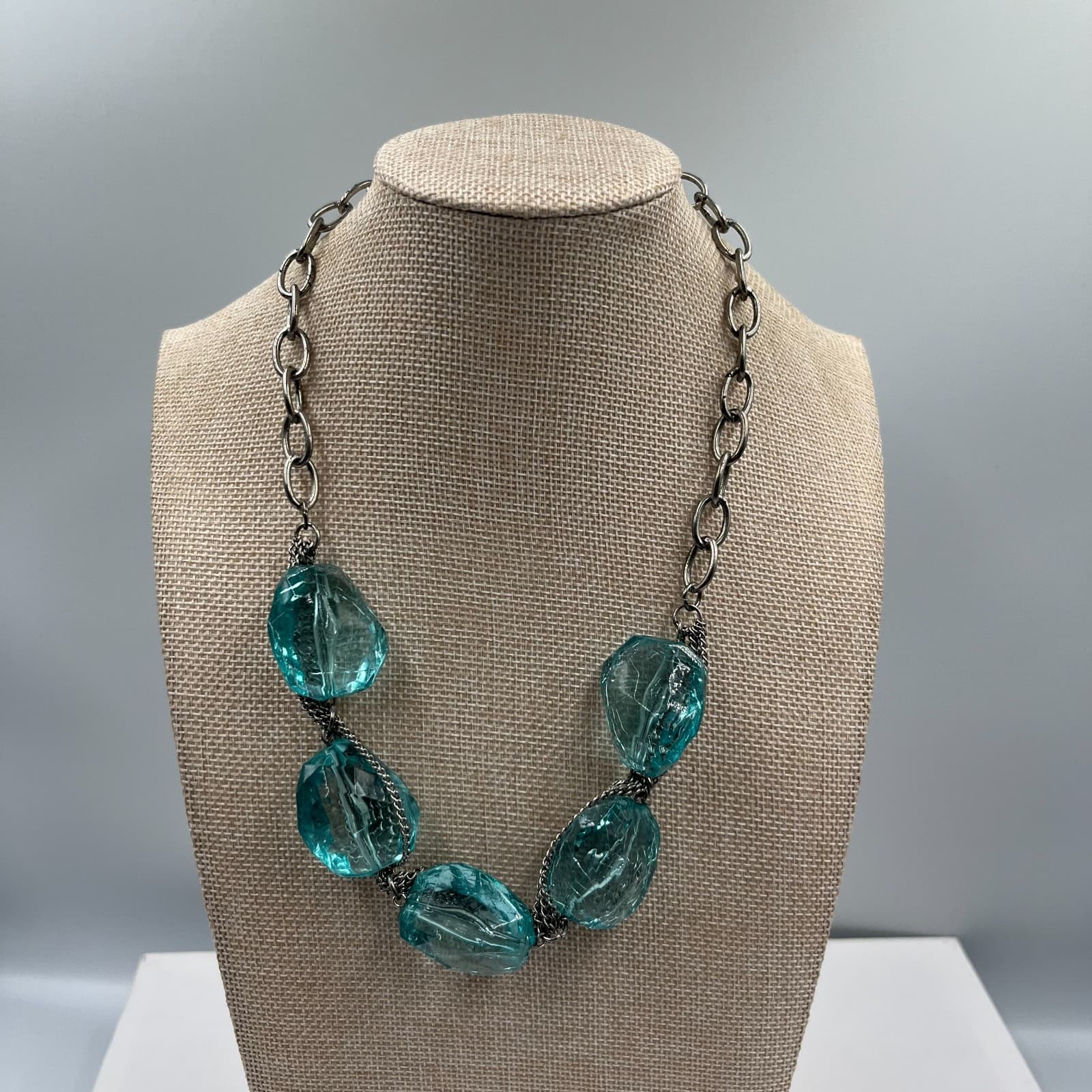 Vintage Mid Century Blue Art Glass Statement Necklace Silver Tone Chunky Boho - Image 1