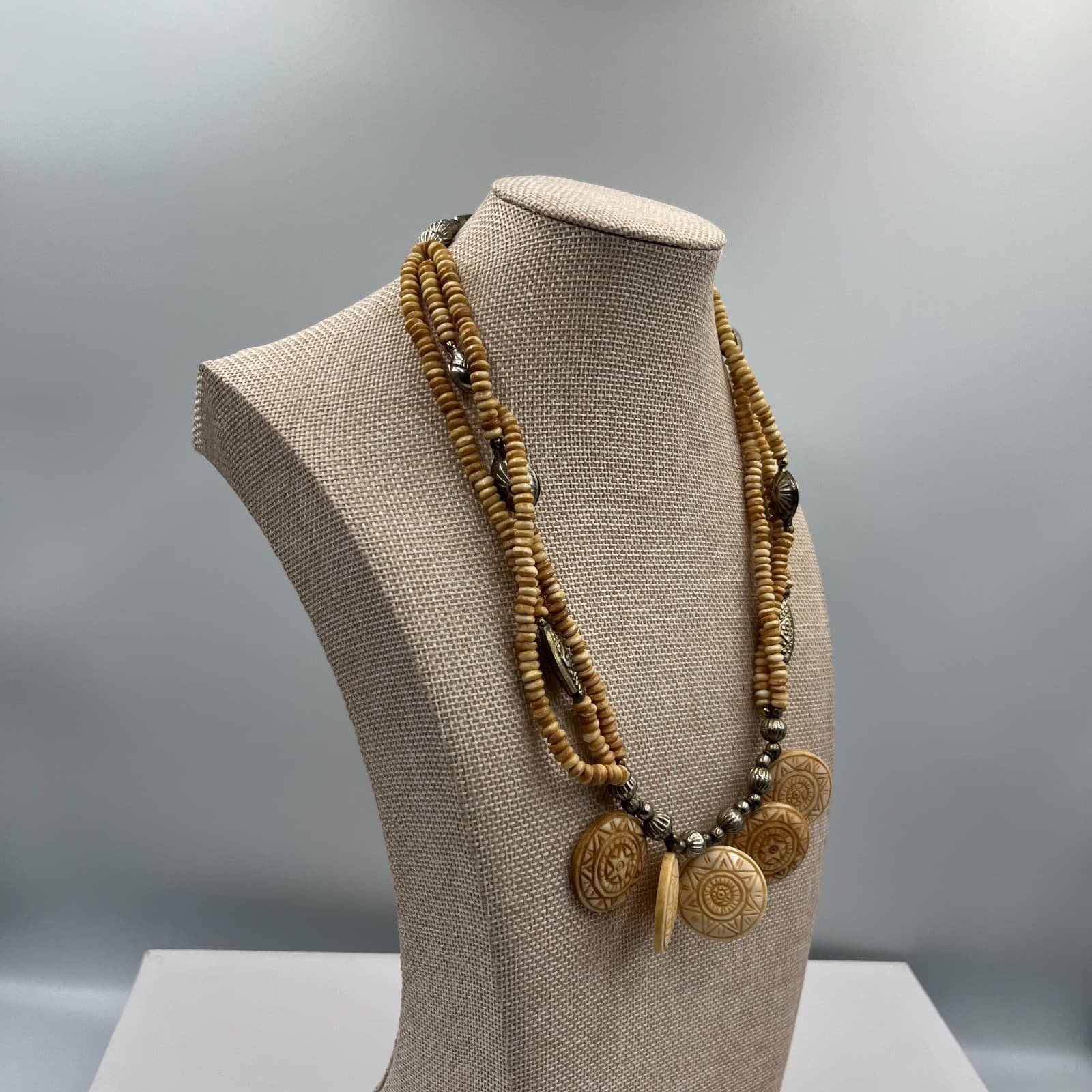 Vtg Carved Disc Necklace Multi Strand Tribal Boho Ethnic Statement Cream - Thumbnail 4