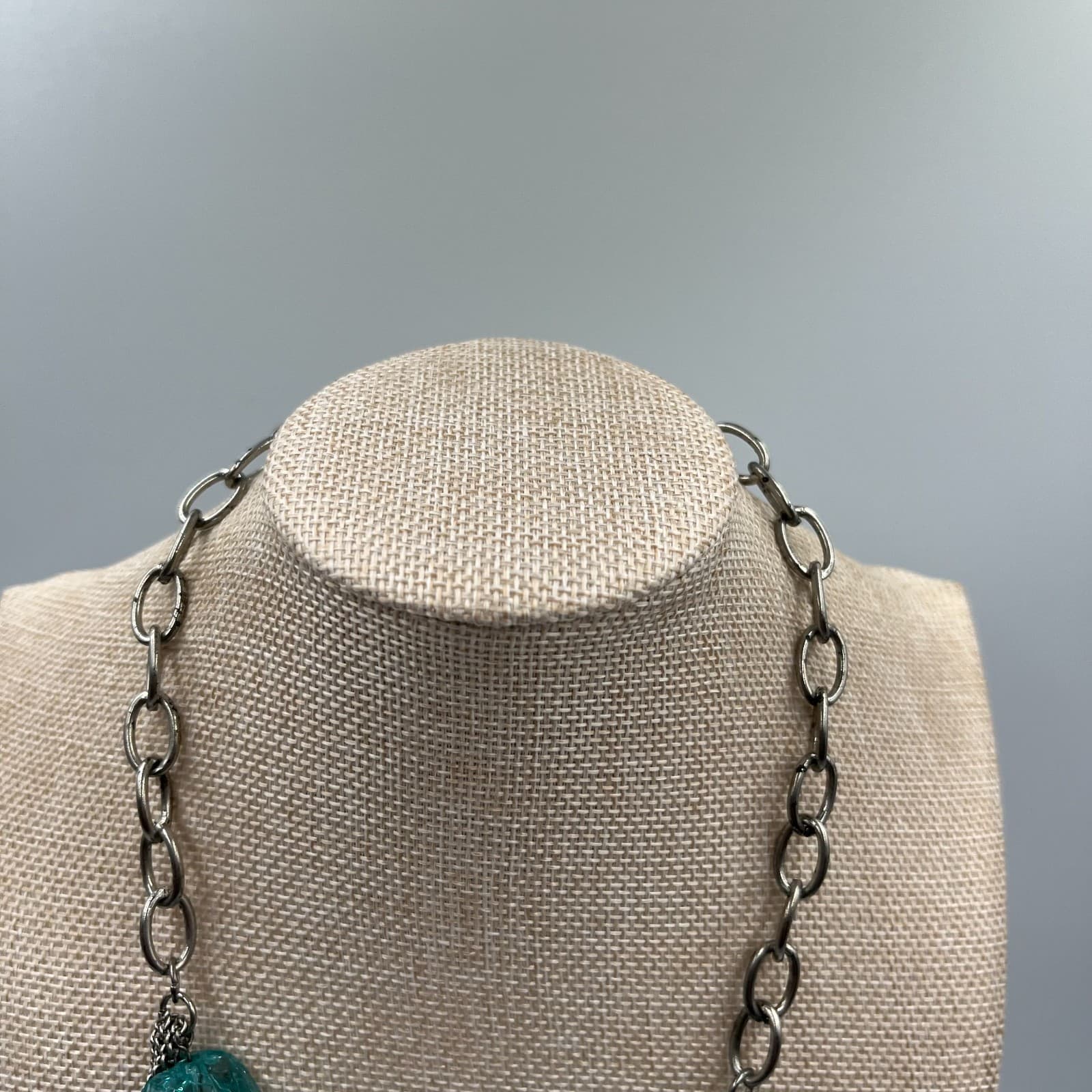 Vintage Mid Century Blue Art Glass Statement Necklace Silver Tone Chunky Boho - Thumbnail 2