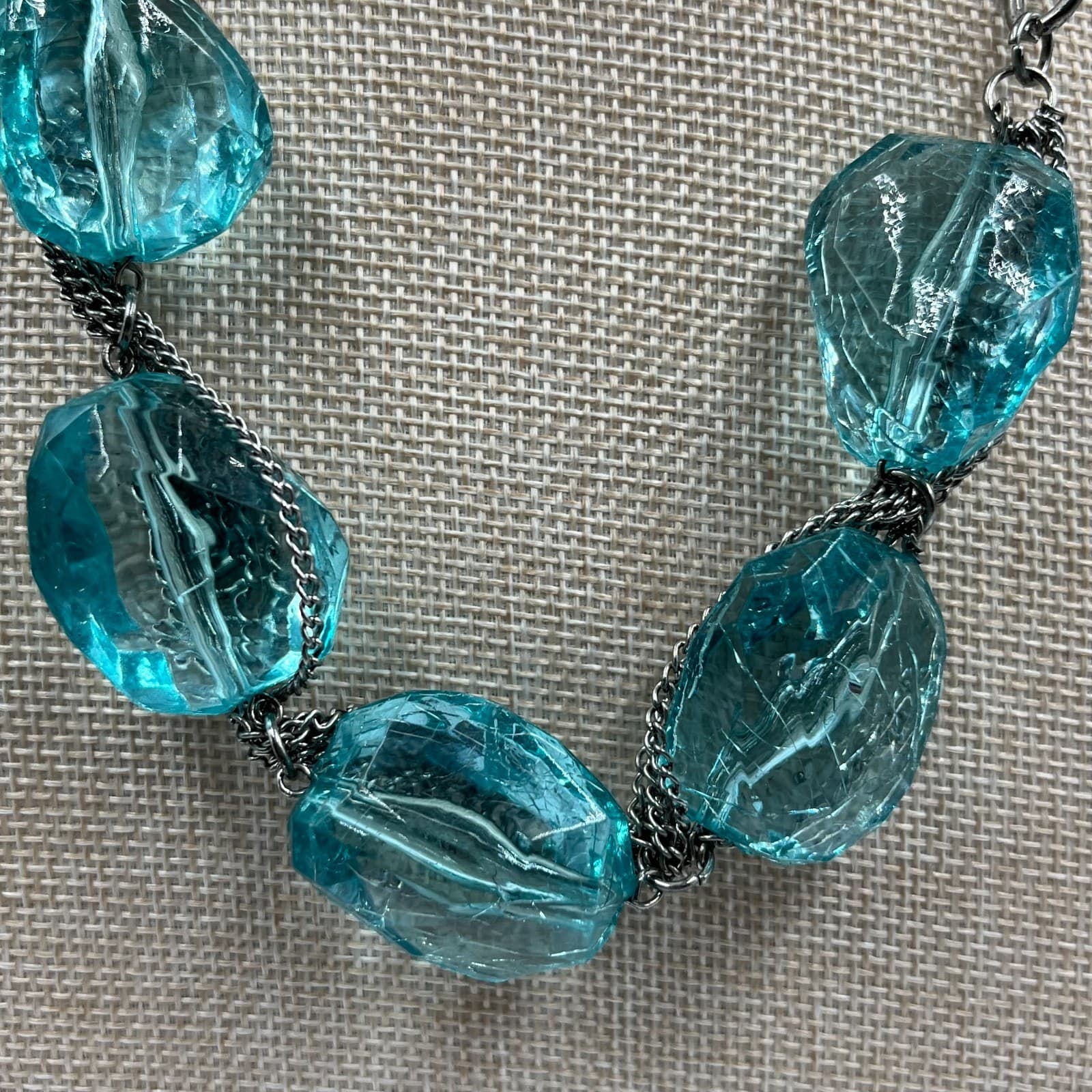 Vintage Mid Century Blue Art Glass Statement Necklace Silver Tone Chunky Boho - Thumbnail 3