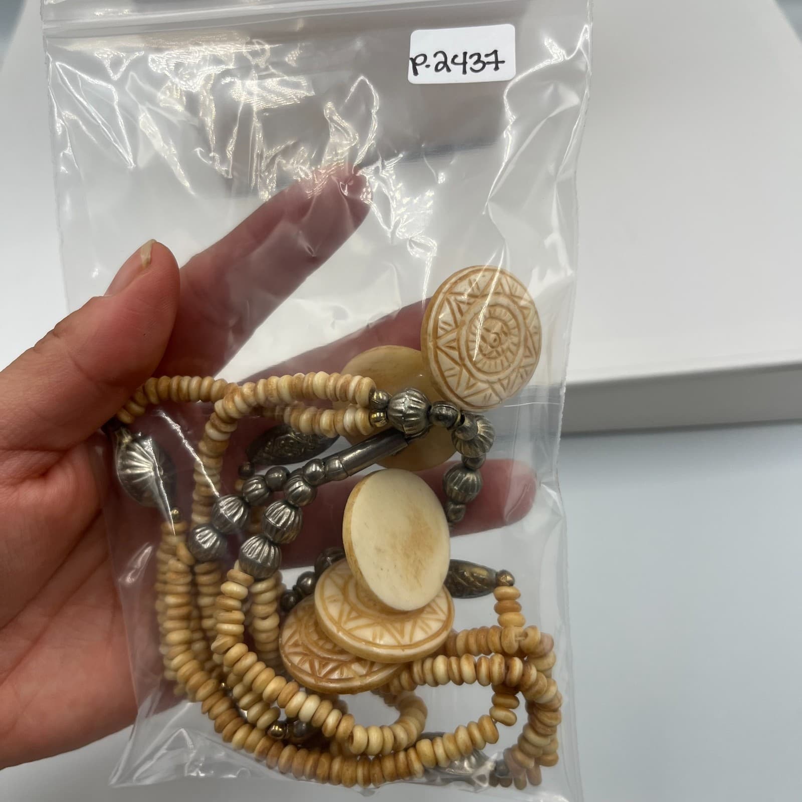 Vtg Carved Disc Necklace Multi Strand Tribal Boho Ethnic Statement Cream - Thumbnail 8