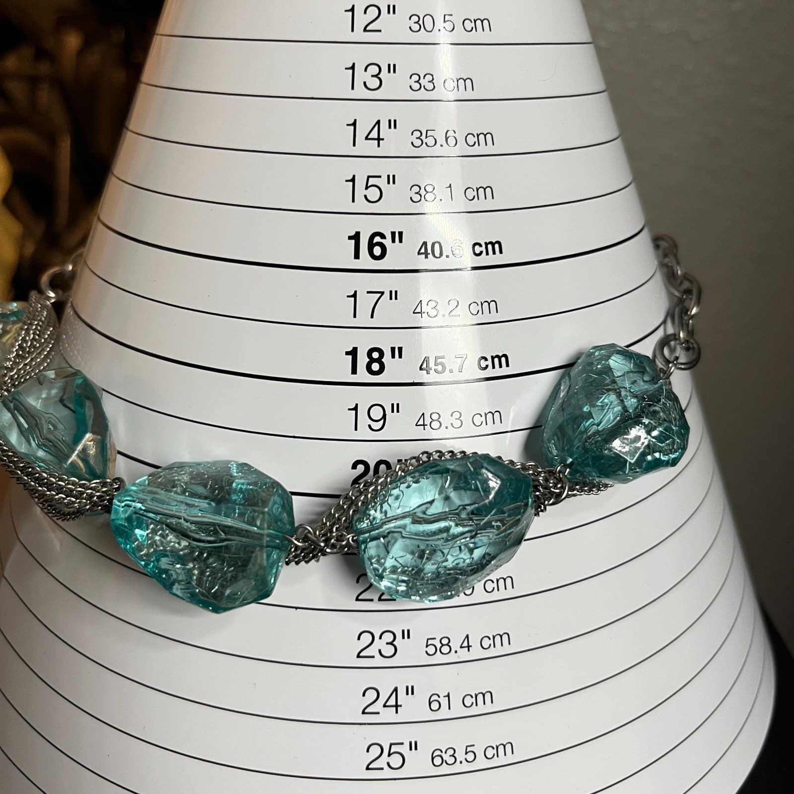 Vintage Mid Century Blue Art Glass Statement Necklace Silver Tone Chunky Boho - Thumbnail 7