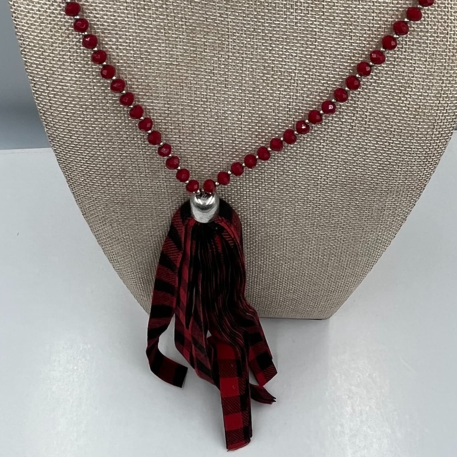 Vintage Red Beaded Statement Necklace Buffalo Plaid Tassel Pendant Boho Jewelry - Thumbnail 2
