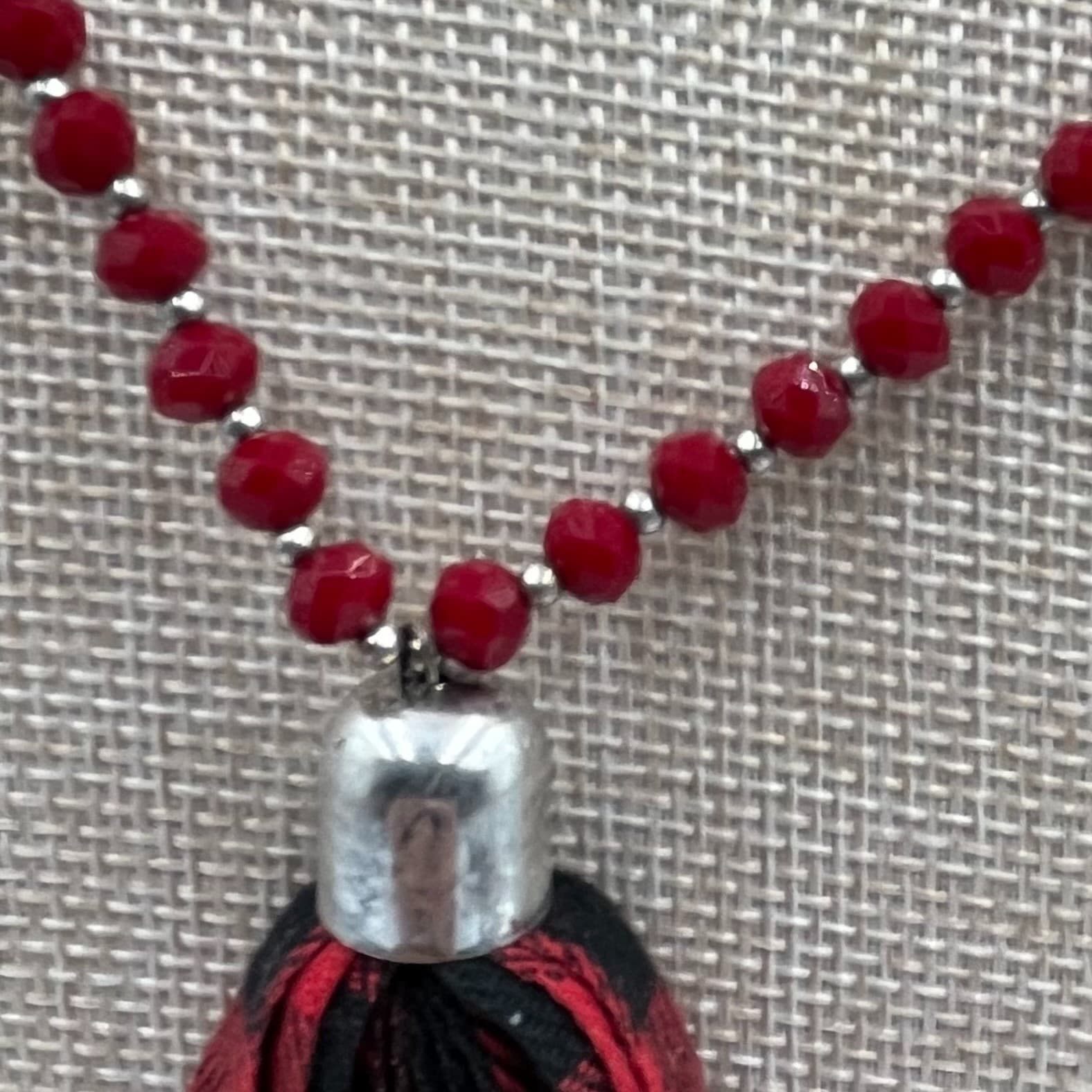 Vintage Red Beaded Statement Necklace Buffalo Plaid Tassel Pendant Boho Jewelry - Thumbnail 5
