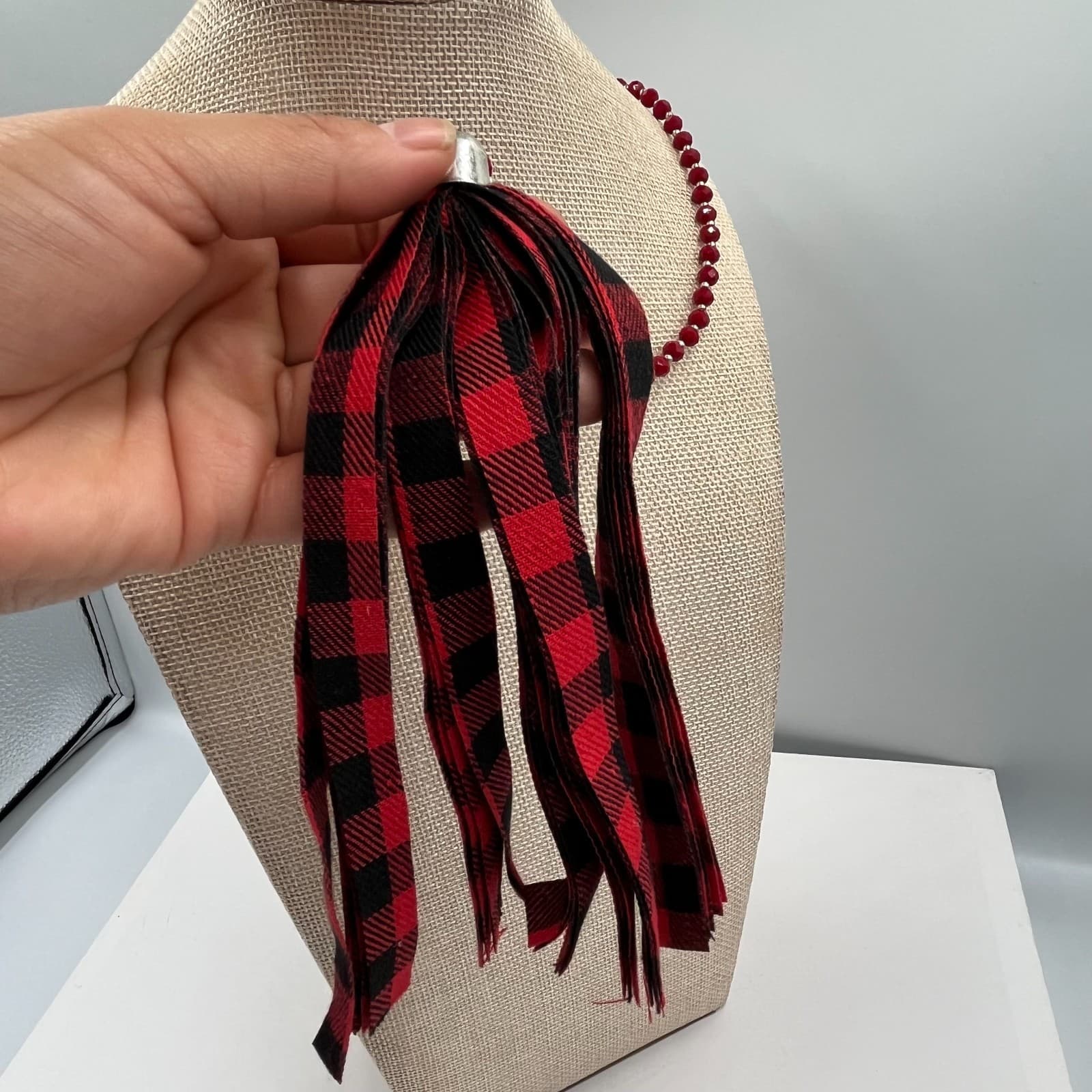 Vintage Red Beaded Statement Necklace Buffalo Plaid Tassel Pendant Boho Jewelry - Thumbnail 7