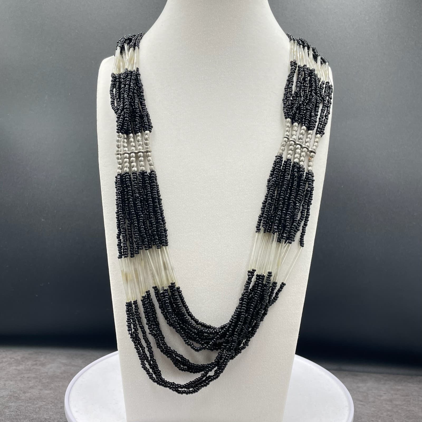 Vintage Multistrand Black Silver-Tone Retro Lobster Beaded Necklace - Size 18" - Image 1