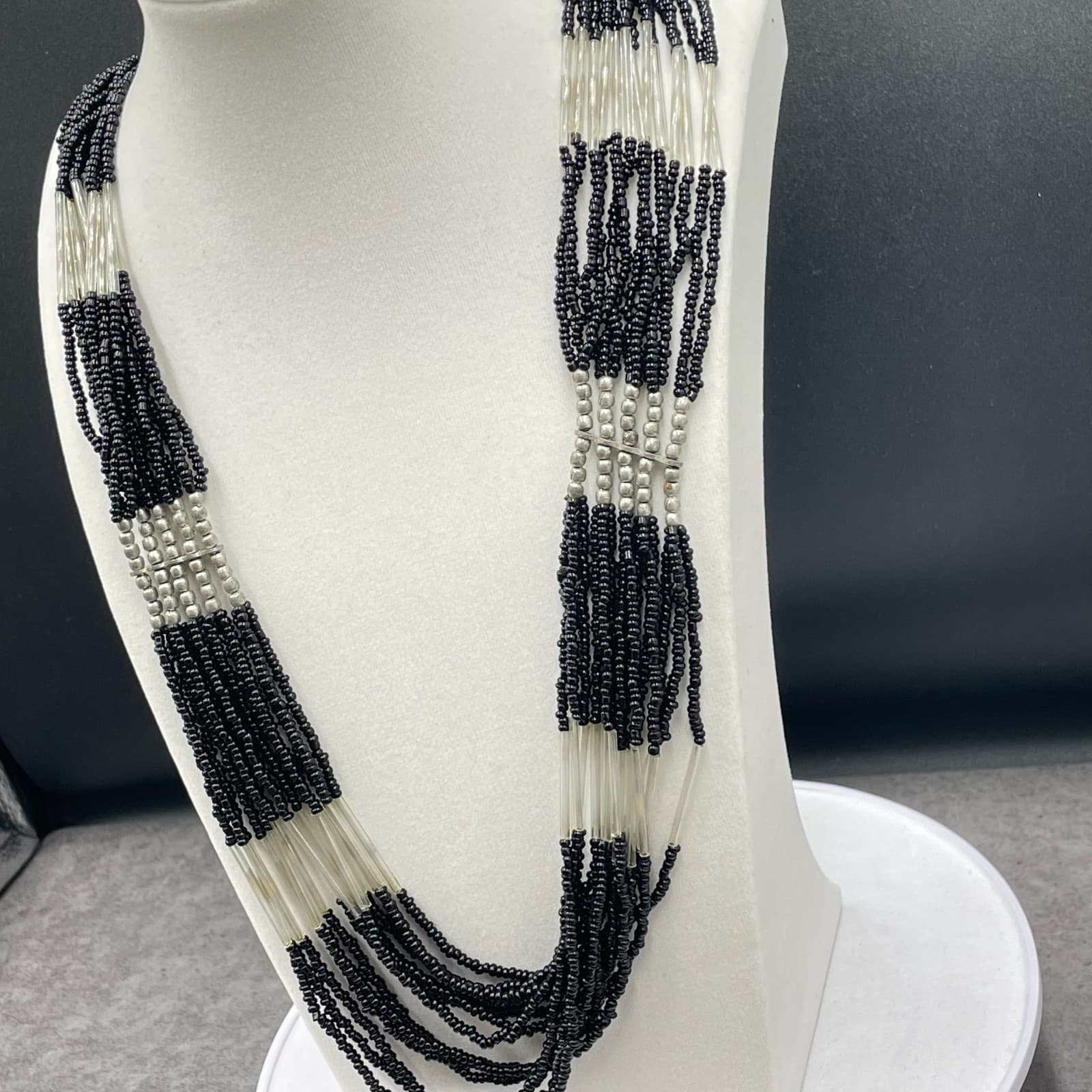 Vintage Multistrand Black Silver-Tone Retro Lobster Beaded Necklace - Size 18" - Thumbnail 6