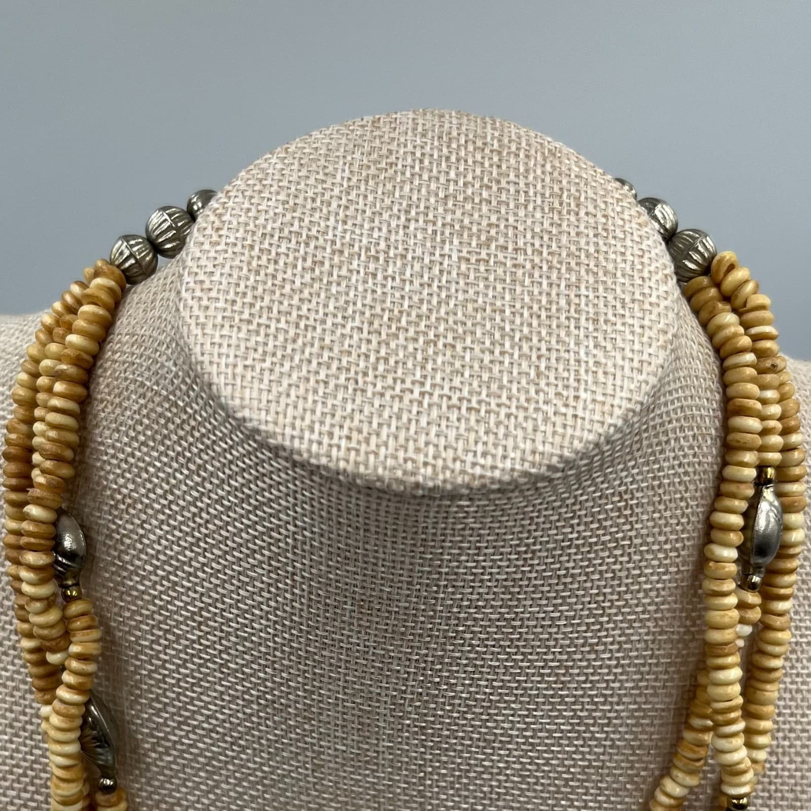 Vtg Carved Disc Necklace Multi Strand Tribal Boho Ethnic Statement Cream - Thumbnail 2