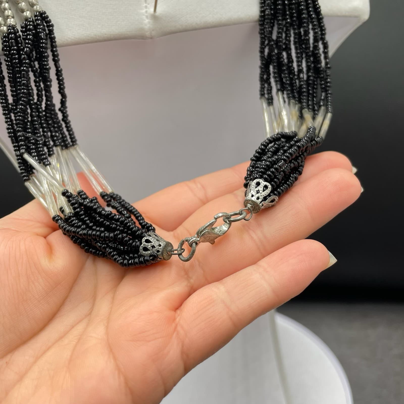 Vintage Multistrand Black Silver-Tone Retro Lobster Beaded Necklace - Size 18" - Thumbnail 9