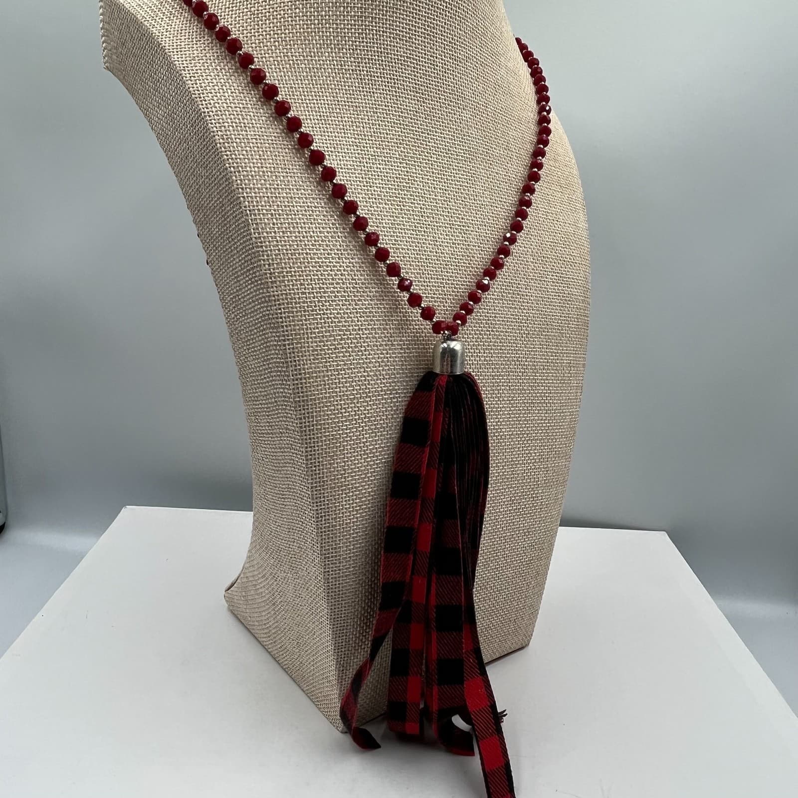 Vintage Red Beaded Statement Necklace Buffalo Plaid Tassel Pendant Boho Jewelry - Thumbnail 6