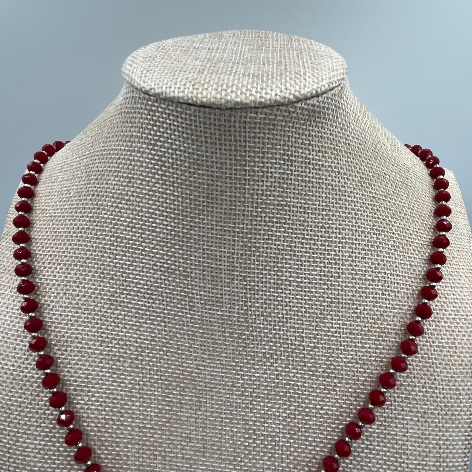 Vintage Red Beaded Statement Necklace Buffalo Plaid Tassel Pendant Boho Jewelry - Thumbnail 3