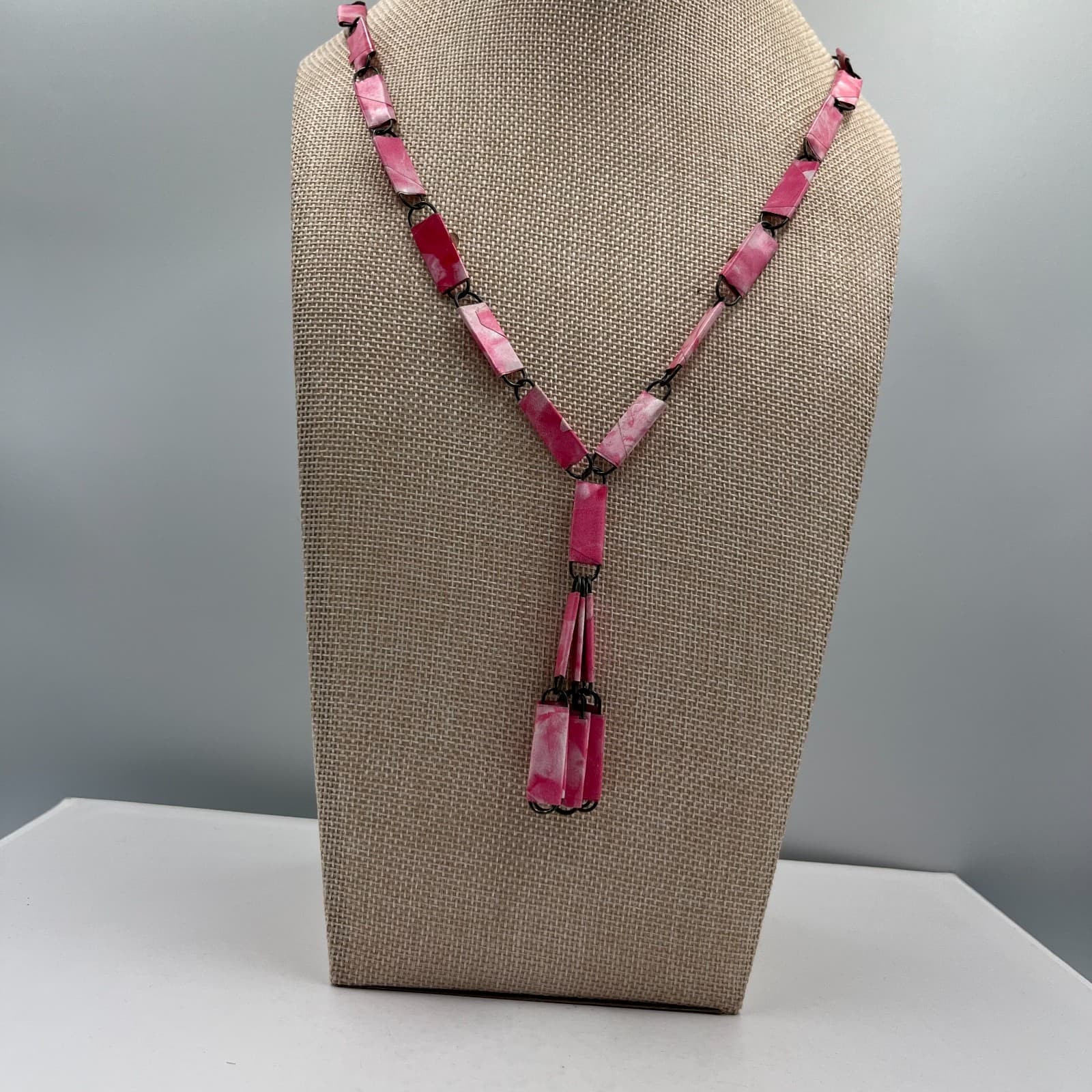 Vintage Pink Marbleized Rectangular Link Lariat Necklace Y-Shape Tassel 18" Boho - Thumbnail 2