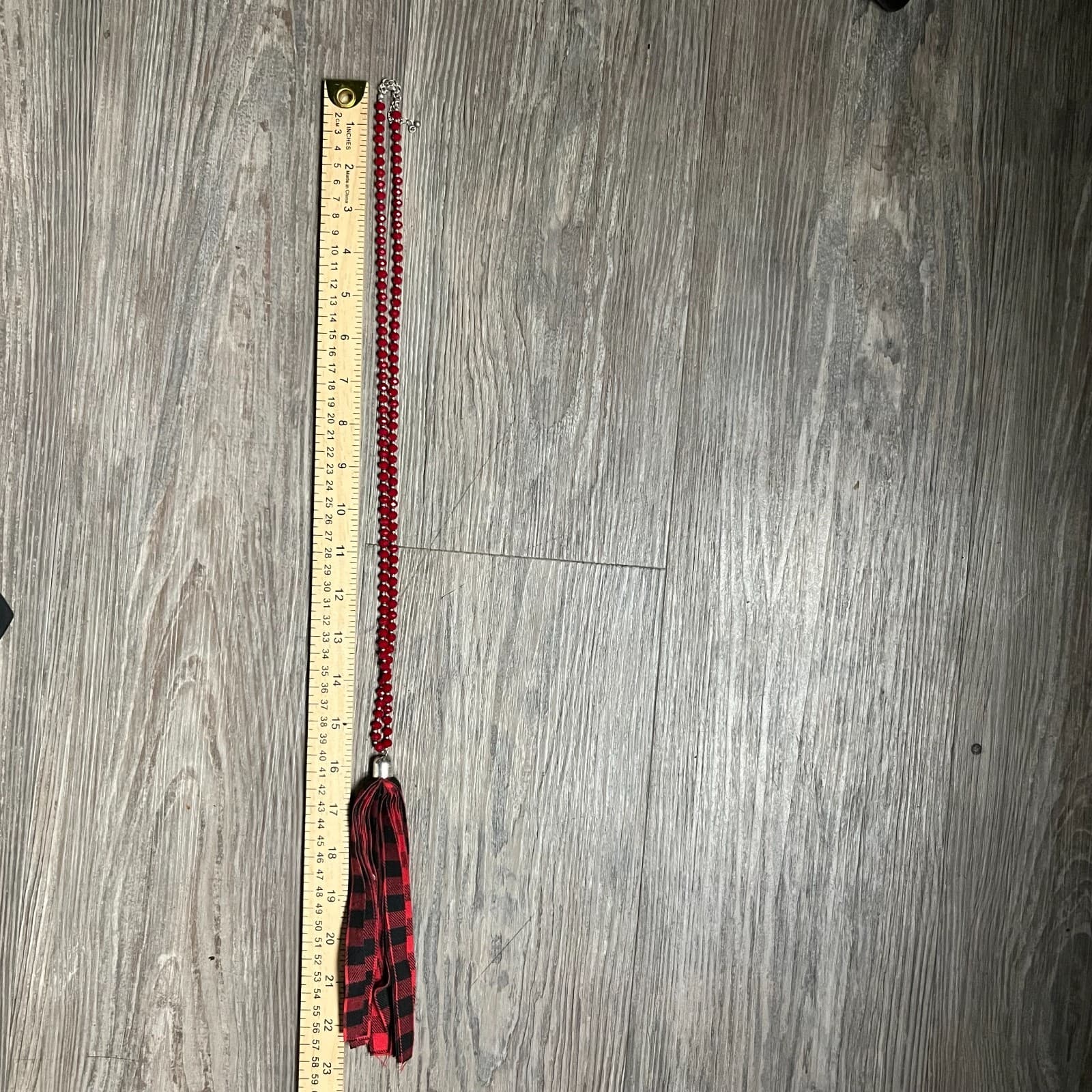 Vintage Red Beaded Statement Necklace Buffalo Plaid Tassel Pendant Boho Jewelry - Thumbnail 9