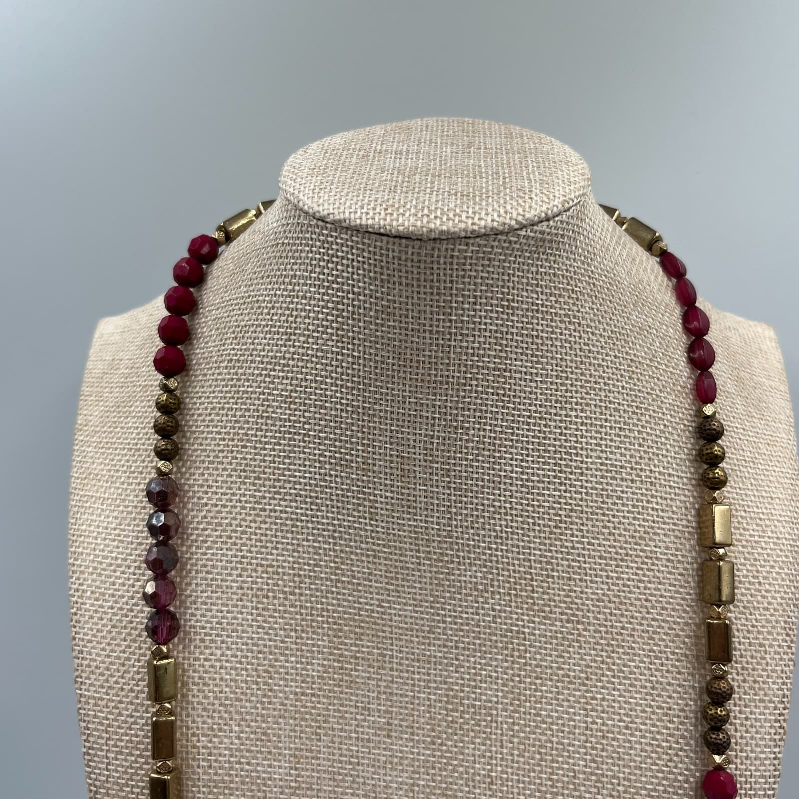 Vintage Red Bead Necklace Gold Tone Accents 24" Long Statement Costume Jewelry - Thumbnail 2