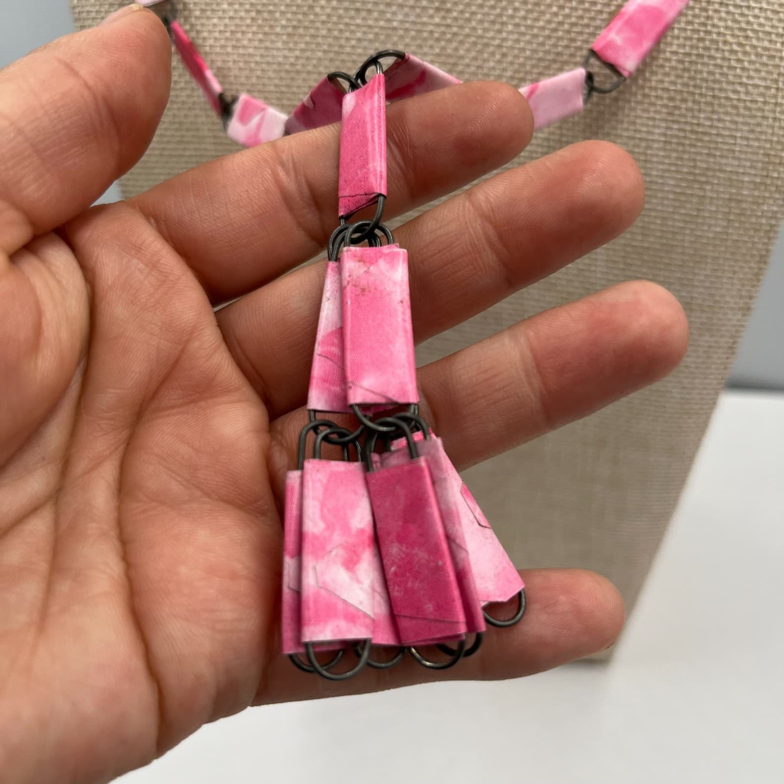 Vintage Pink Marbleized Rectangular Link Lariat Necklace Y-Shape Tassel 18" Boho - Thumbnail 4