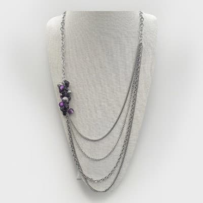 Vintage Layered Silver-Tone Statement Necklace w/ Purple Bead Cluster Y2K Glam - Image 1