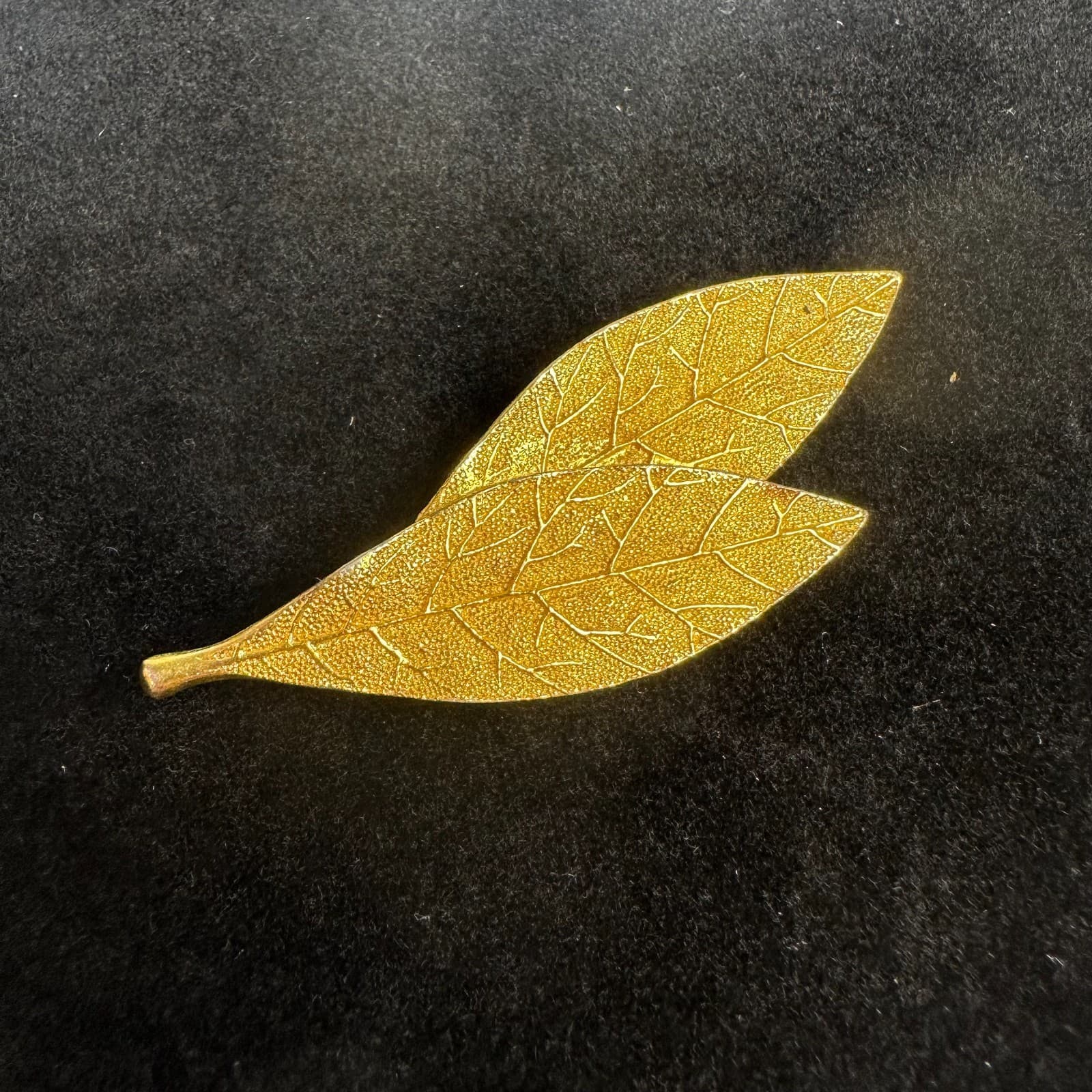 Vintage Gold-Tone Leaf Brooch Textured Double Leaf Design - Image 1