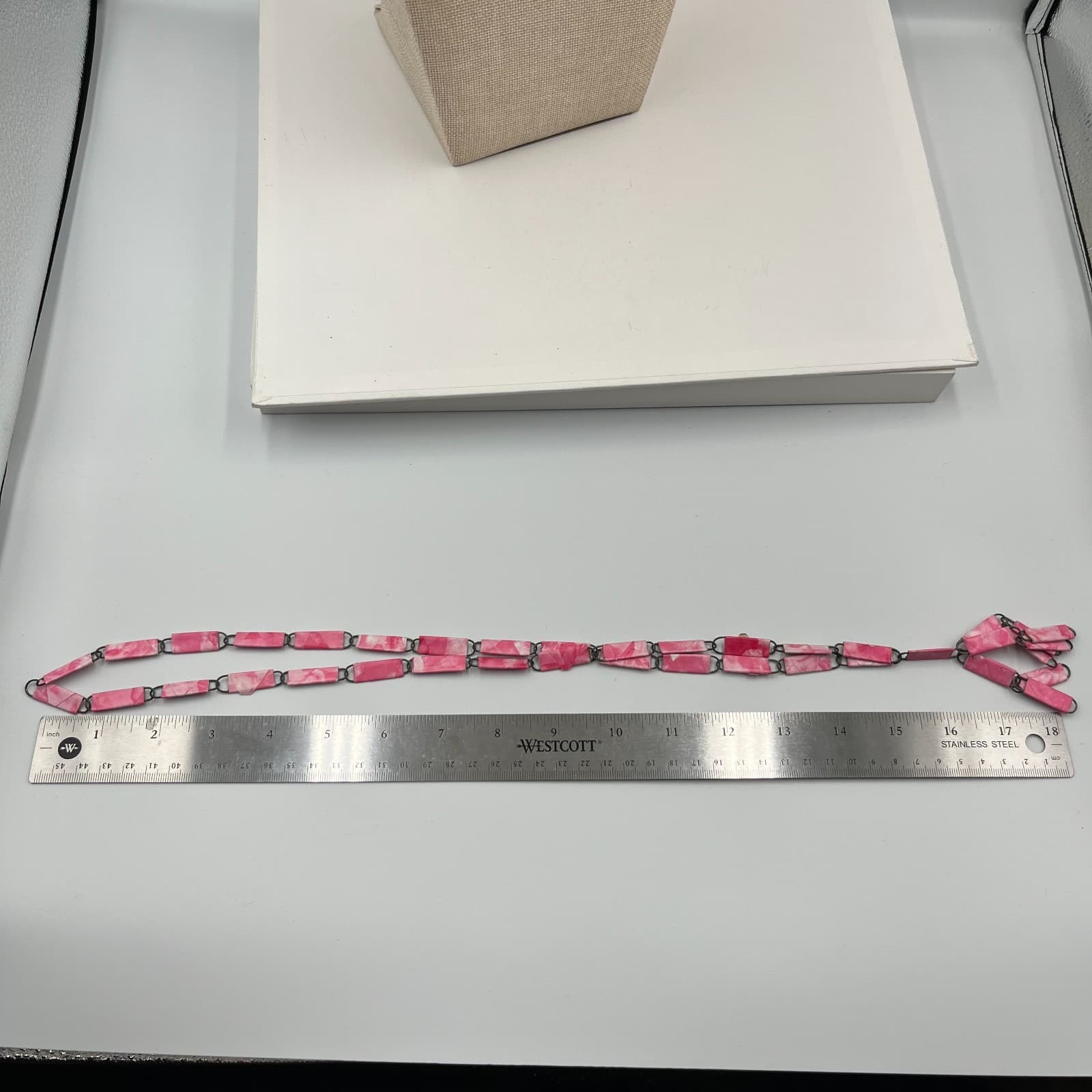 Vintage Pink Marbleized Rectangular Link Lariat Necklace Y-Shape Tassel 18" Boho - Thumbnail 7