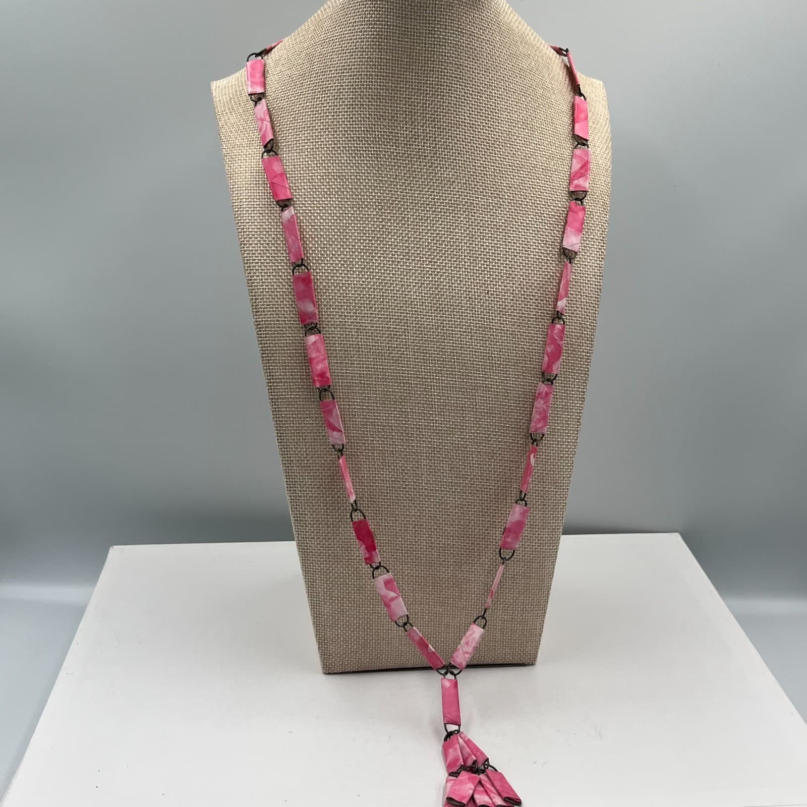 Vintage Pink Marbleized Rectangular Link Lariat Necklace Y-Shape Tassel 18" Boho - Thumbnail 5