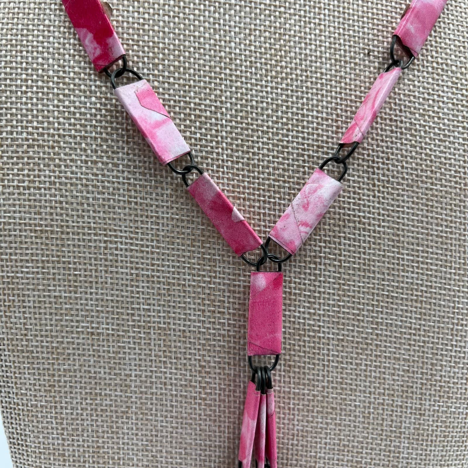 Vintage Pink Marbleized Rectangular Link Lariat Necklace Y-Shape Tassel 18" Boho - Thumbnail 3