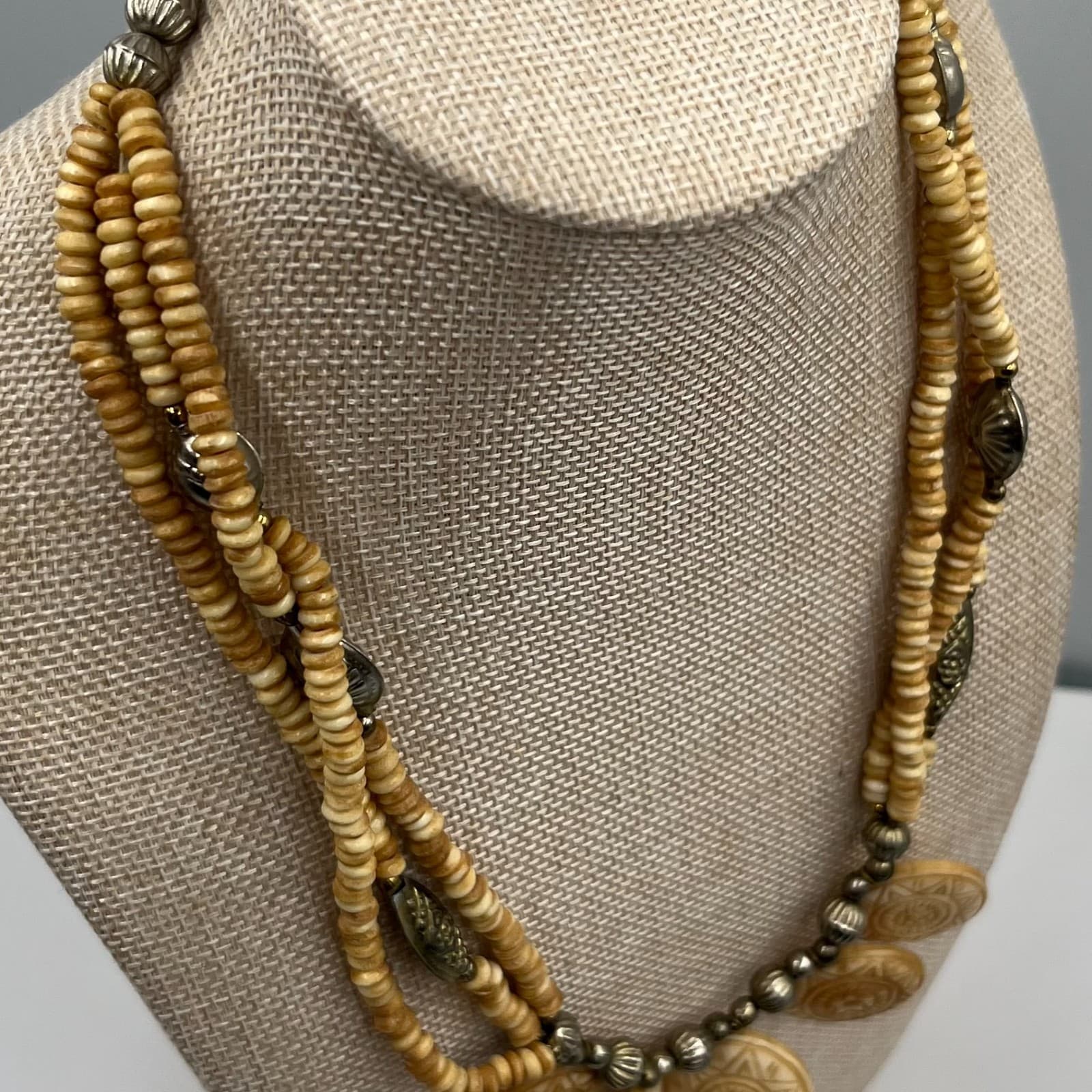 Vtg Carved Disc Necklace Multi Strand Tribal Boho Ethnic Statement Cream - Thumbnail 5