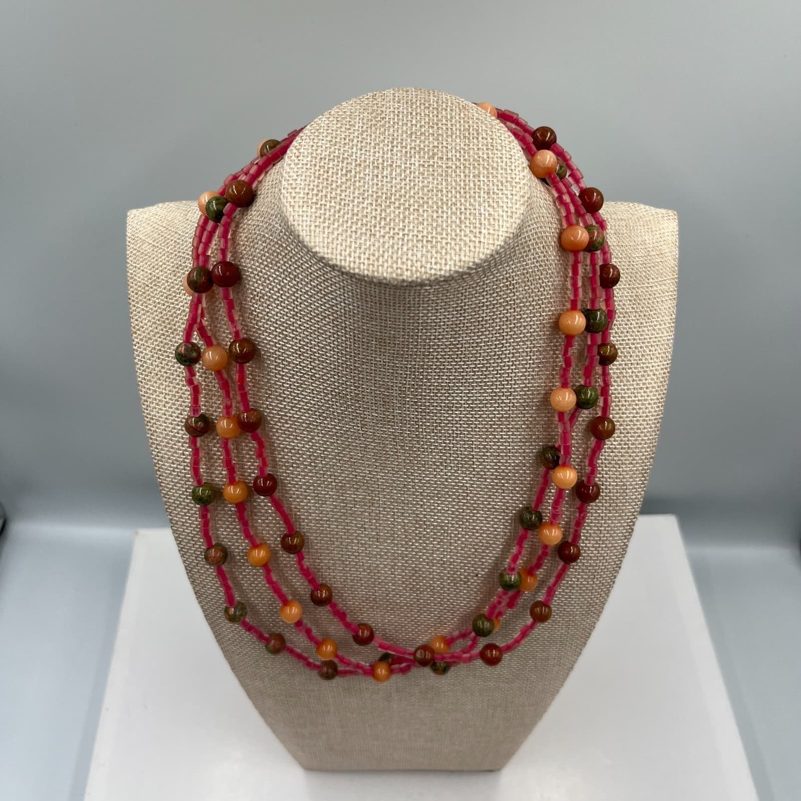 Vintage Multi Strand Beaded Necklace Earth Tone Green Pink Orange Boho Statement - Thumbnail 2