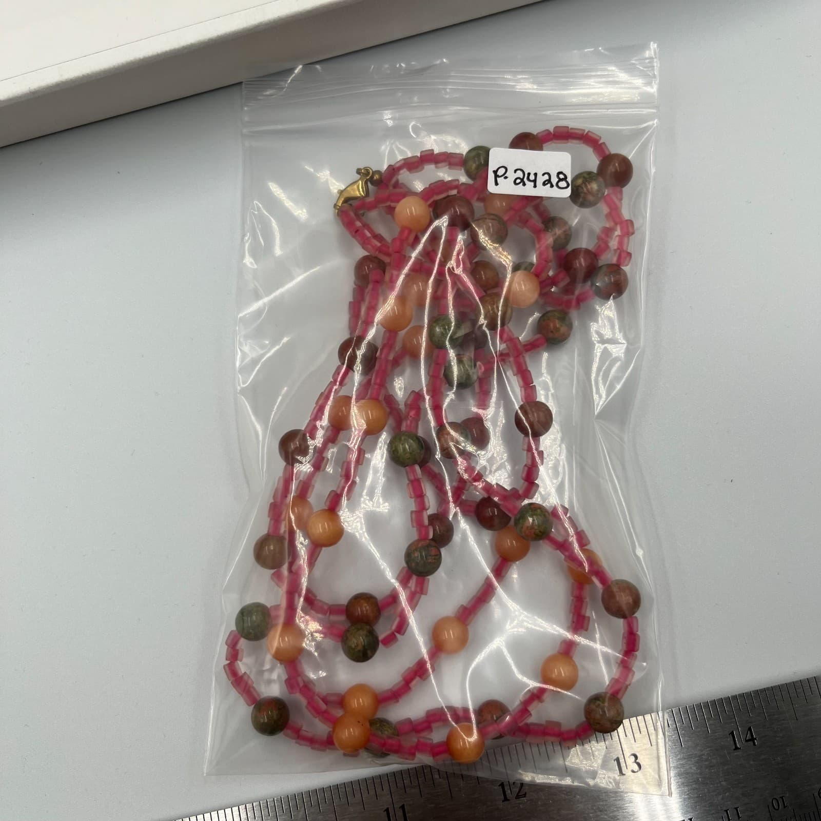 Vintage Multi Strand Beaded Necklace Earth Tone Green Pink Orange Boho Statement - Thumbnail 9