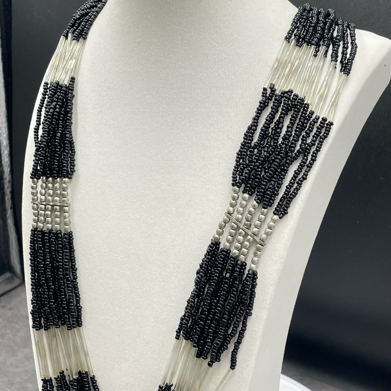 Vintage Multistrand Black Silver-Tone Retro Lobster Beaded Necklace - Size 18" - Thumbnail 7