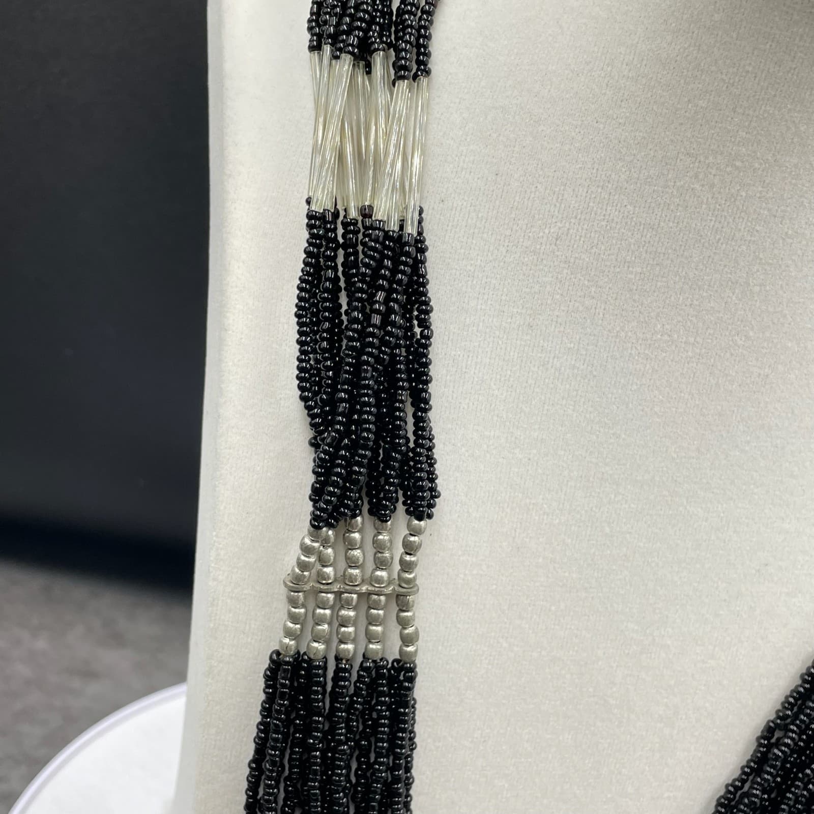 Vintage Multistrand Black Silver-Tone Retro Lobster Beaded Necklace - Size 18" - Thumbnail 2