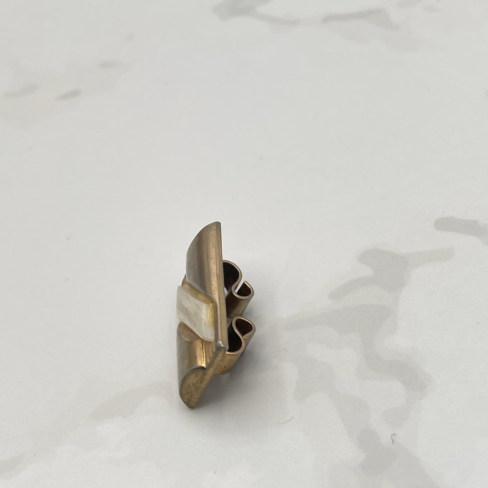 Vintage Art Deco Gold Tone Dress Clip Brooch Pin White Inlay Rectangular Classic - Thumbnail 4