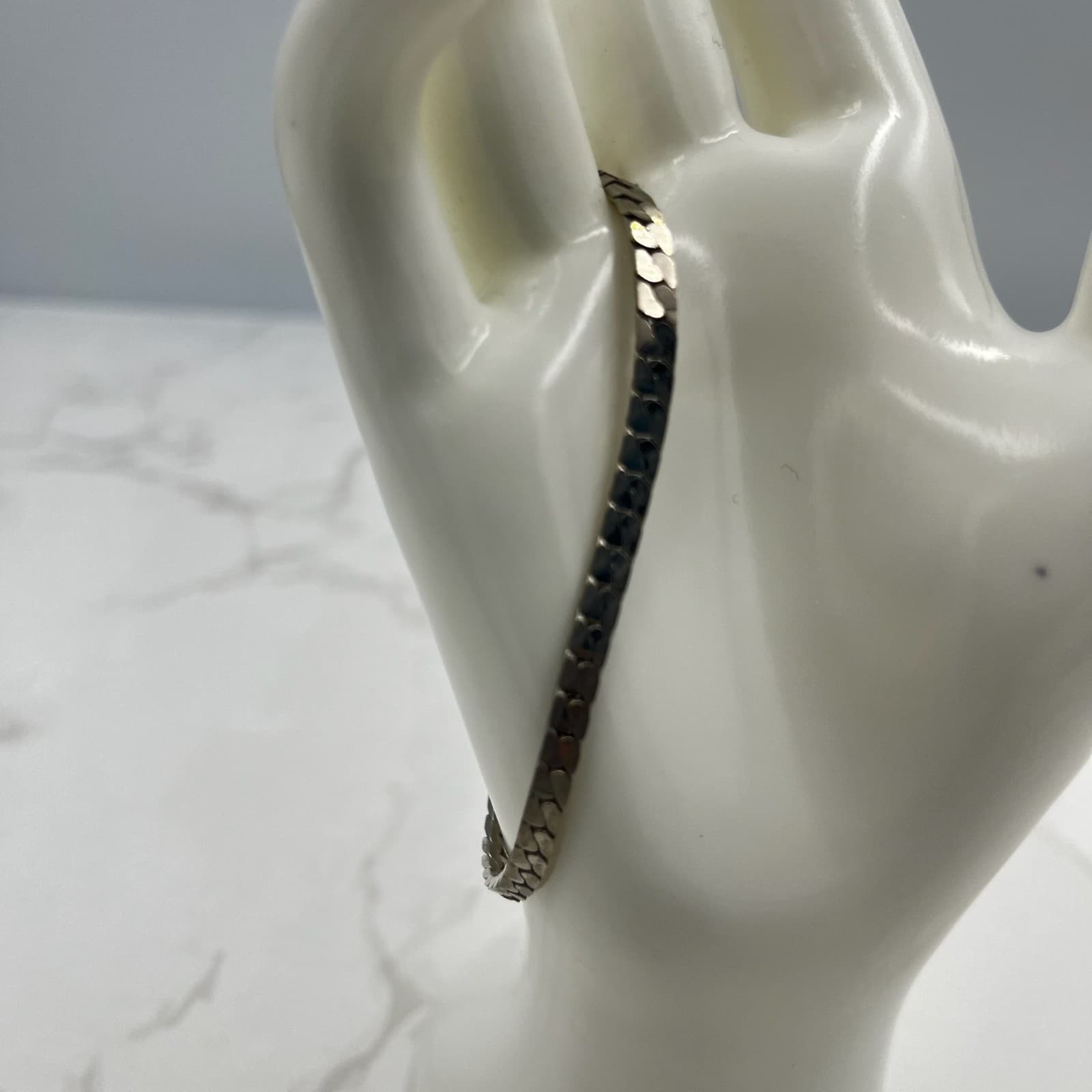 Vintage Elegant Silver Tone Flat Snake Chain Bracelet w/ Lobster Clasp - Thumbnail 2