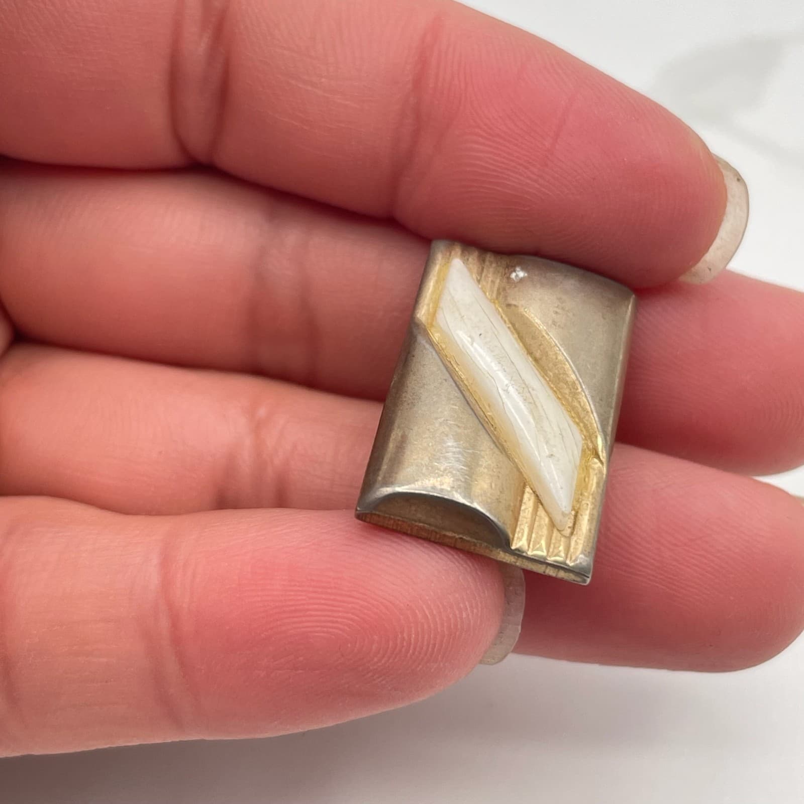 Vintage Art Deco Gold Tone Dress Clip Brooch Pin White Inlay Rectangular Classic - Thumbnail 9