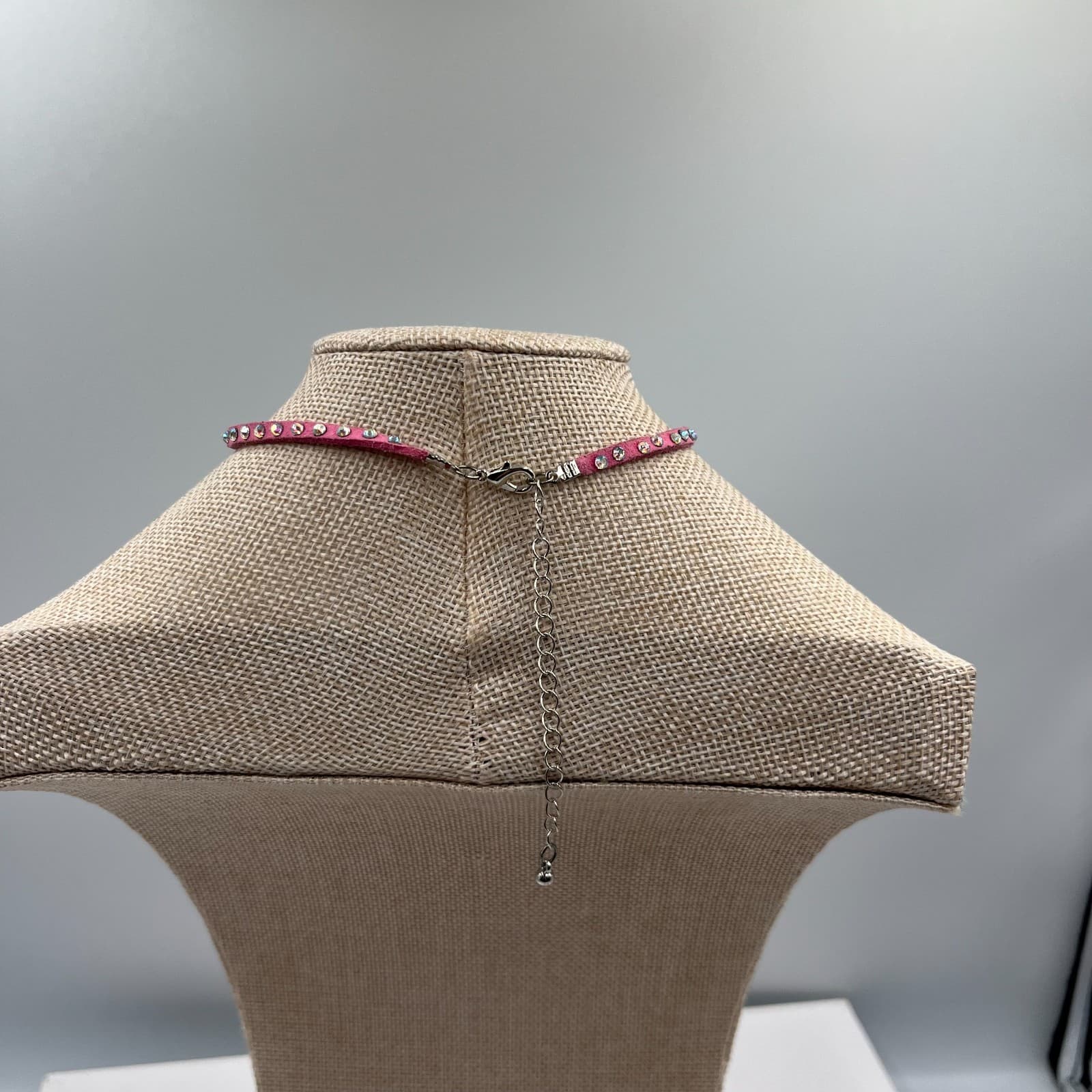 Vintage Rhinestone Choker Necklace Pink Faux Suede 90s Y2K Statement Jewelry - Thumbnail 5