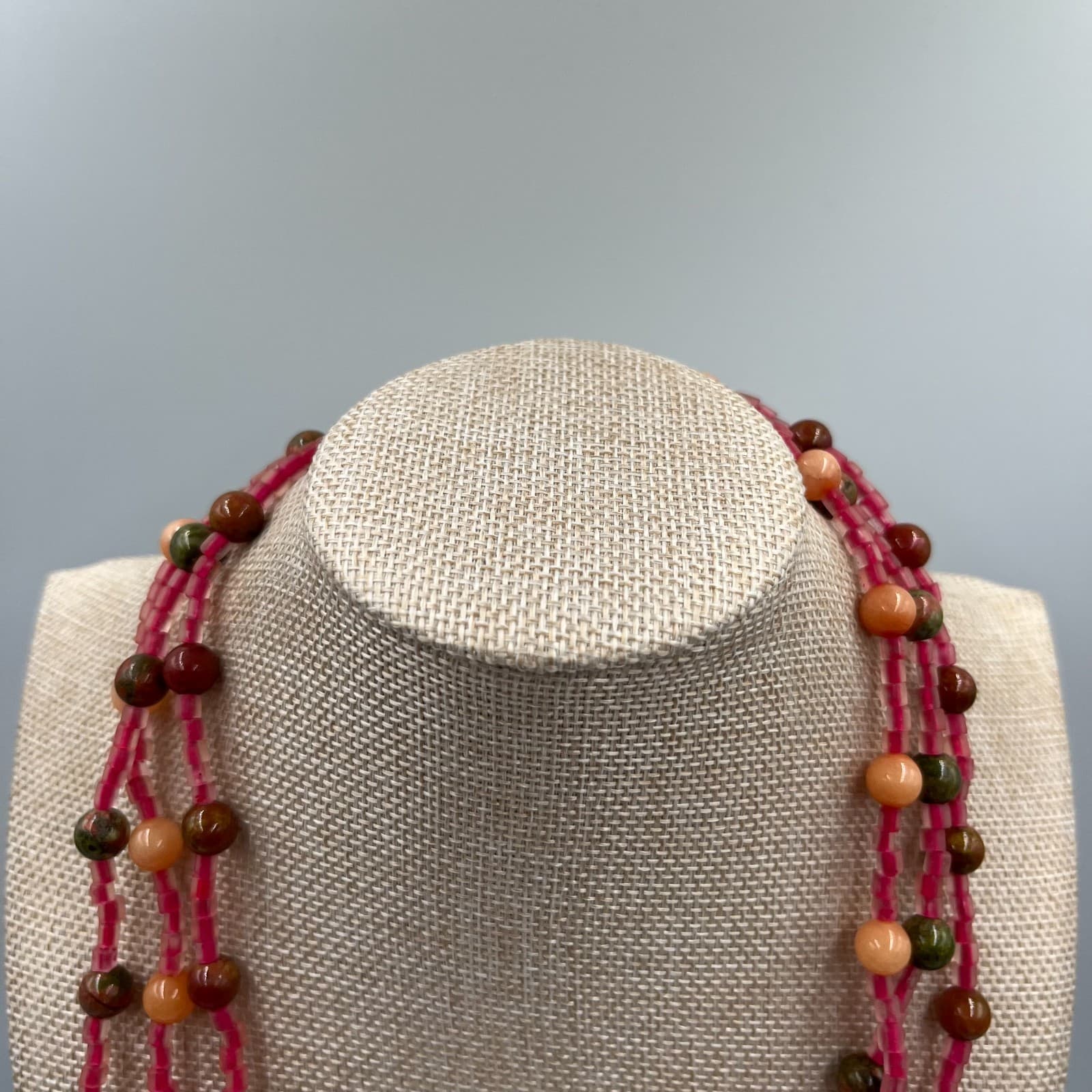 Vintage Multi Strand Beaded Necklace Earth Tone Green Pink Orange Boho Statement - Thumbnail 3