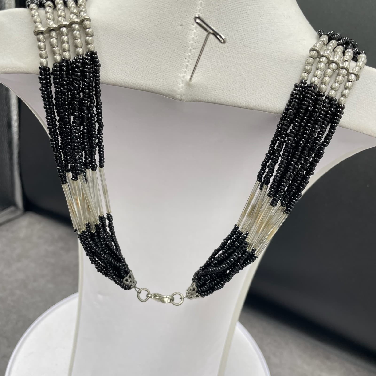 Vintage Multistrand Black Silver-Tone Retro Lobster Beaded Necklace - Size 18" - Thumbnail 10