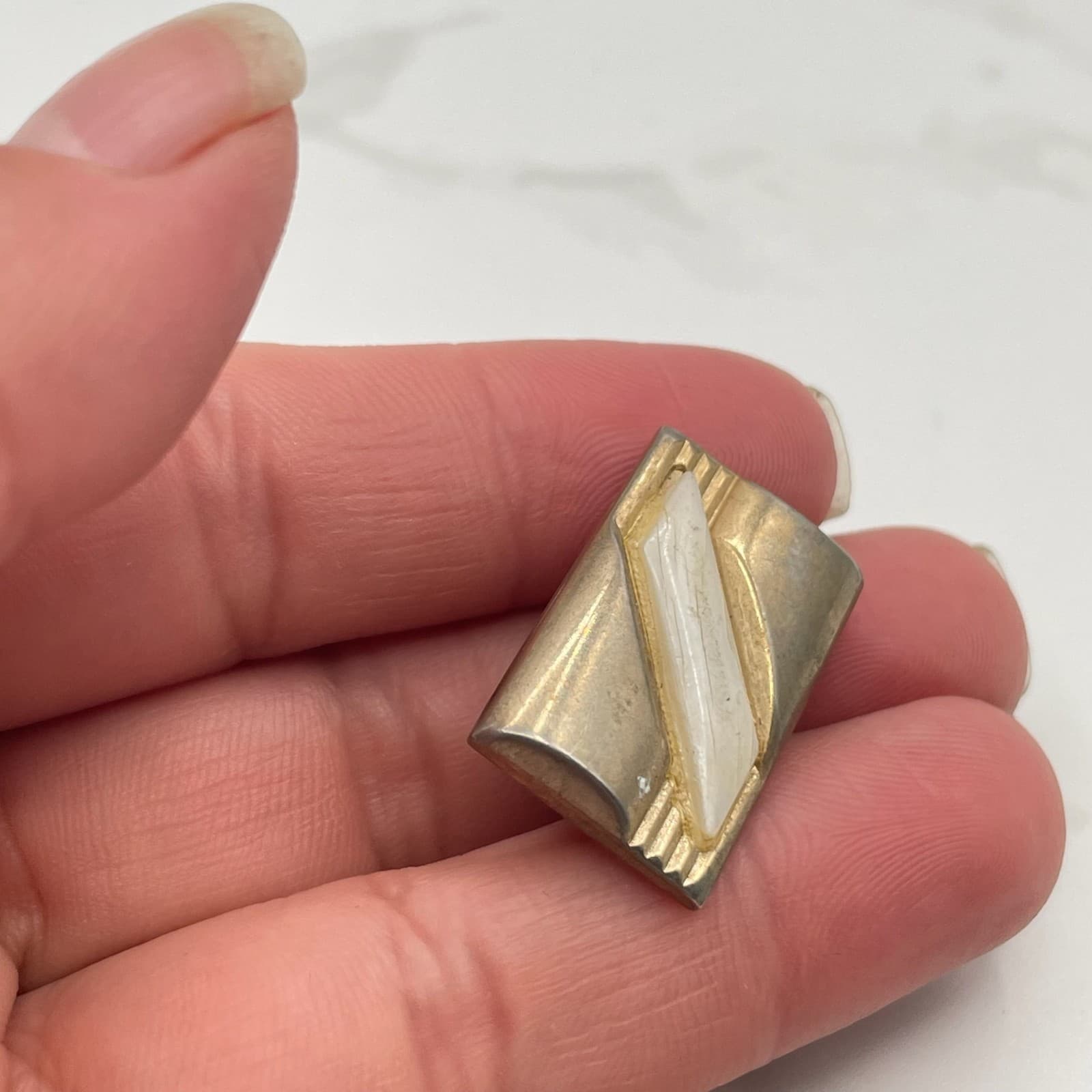 Vintage Art Deco Gold Tone Dress Clip Brooch Pin White Inlay Rectangular Classic - Thumbnail 3