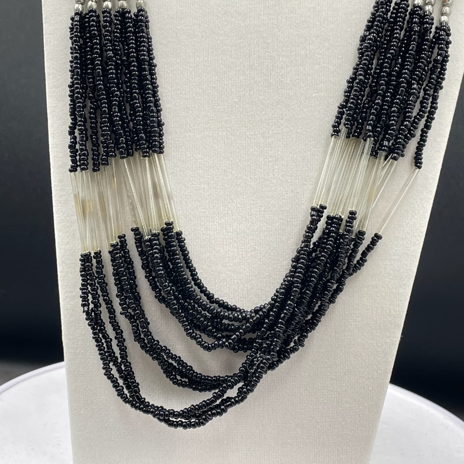 Vintage Multistrand Black Silver-Tone Retro Lobster Beaded Necklace - Size 18" - Thumbnail 5