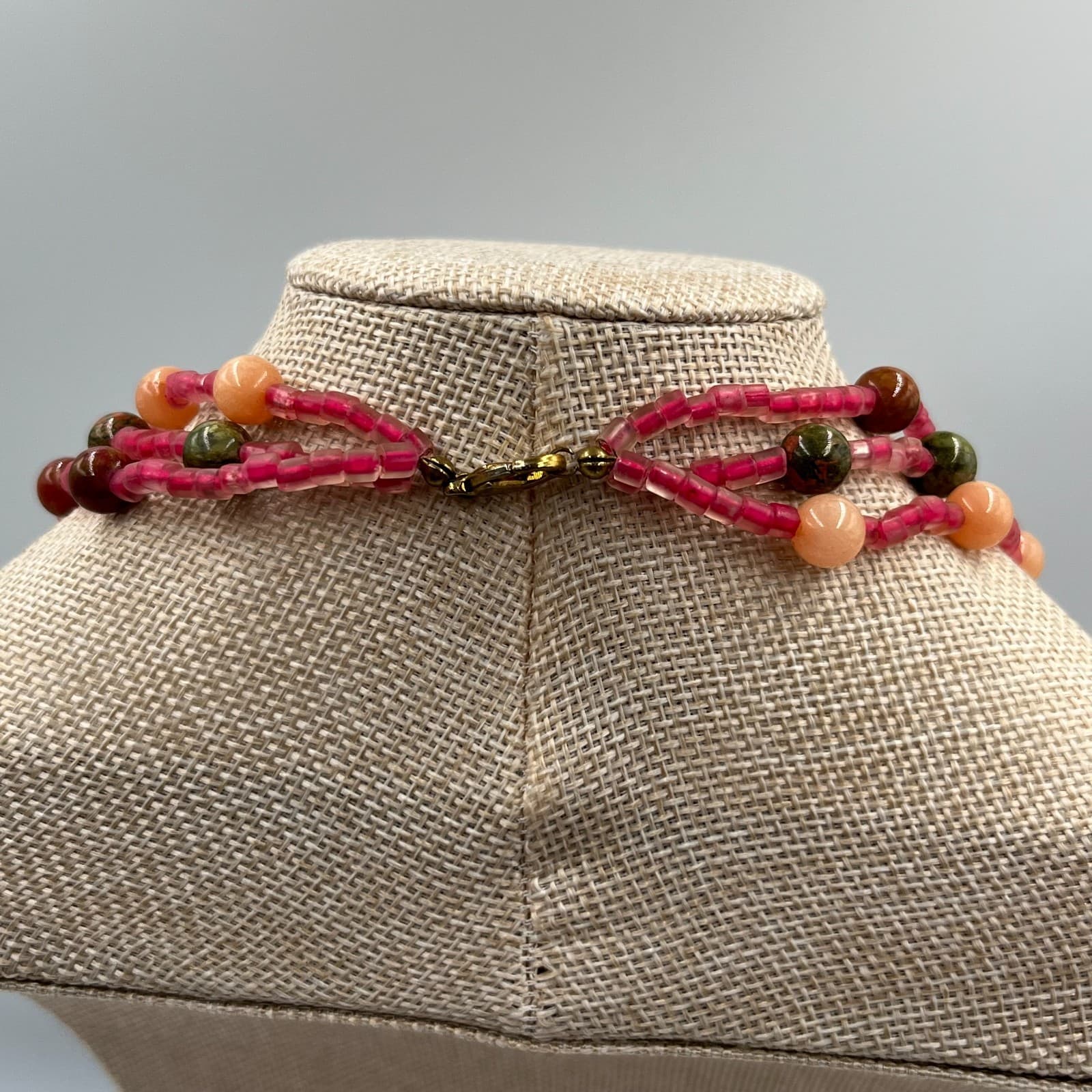 Vintage Multi Strand Beaded Necklace Earth Tone Green Pink Orange Boho Statement - Thumbnail 7